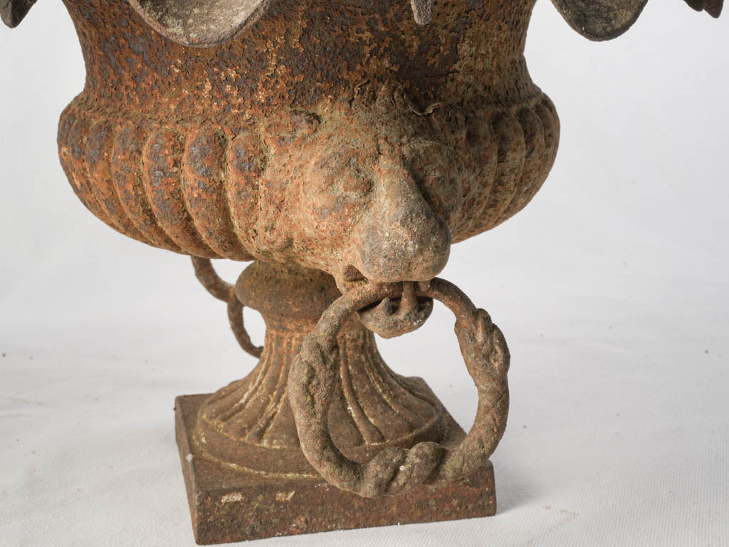 Pair of 19th Century French Cast Iron Garden Urns w/ Scalloped Rims and Lion Head Handles - 10¾"
