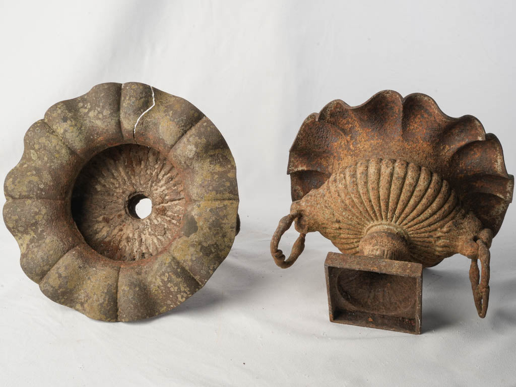 Pair of 19th Century French Cast Iron Garden Urns w/ Scalloped Rims and Lion Head Handles - 10¾"