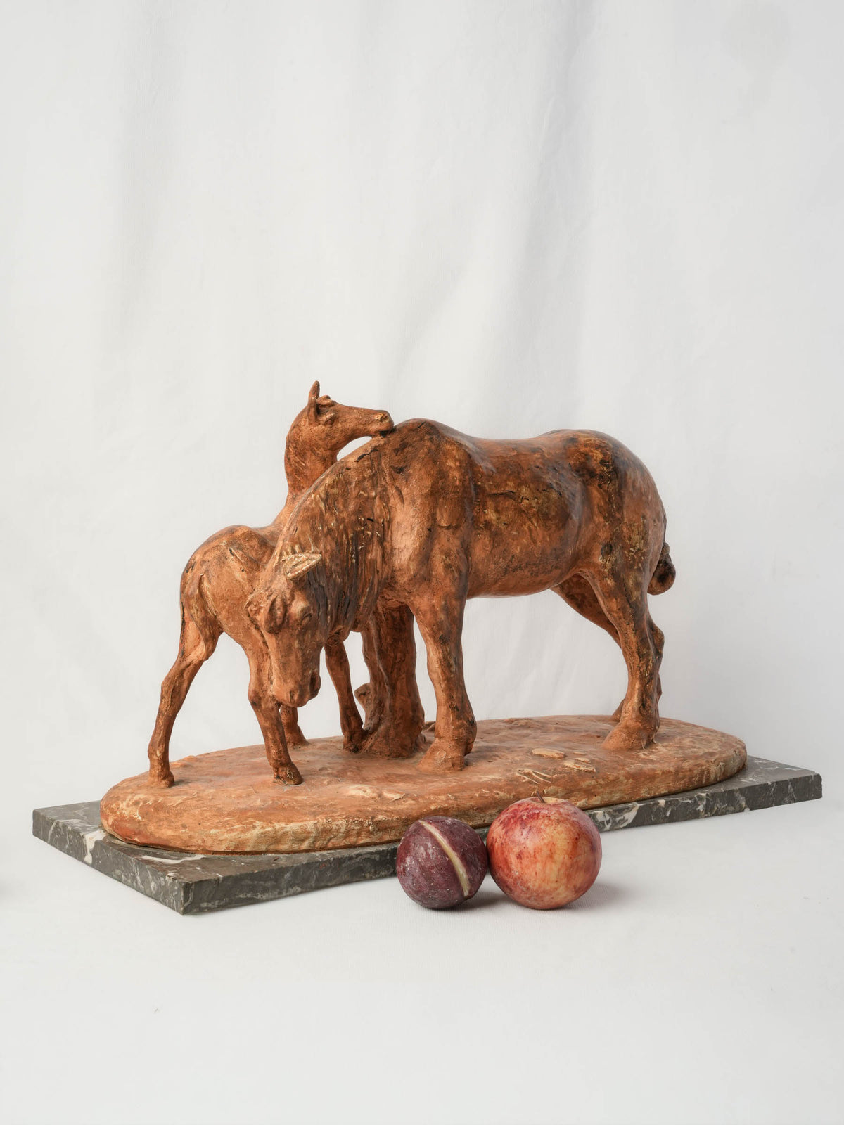 Large Terracotta Equestrian Sculpture of a Mare & Foal on Marble Base - 13½" x 22¾"