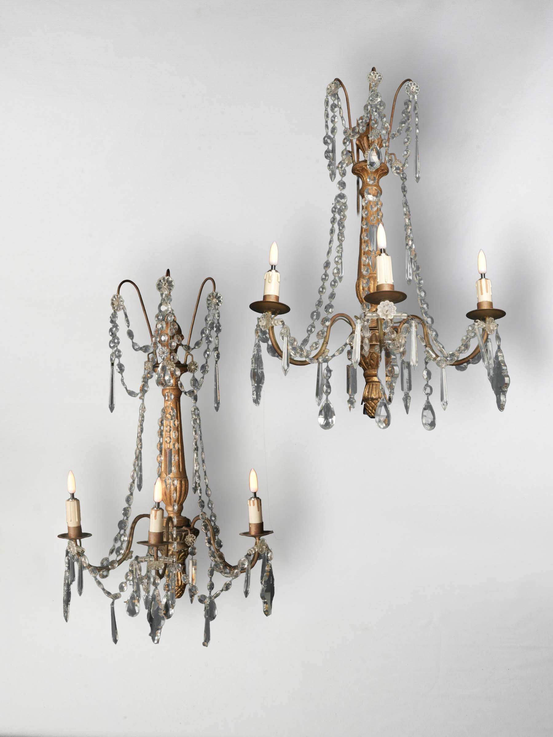 Pair of Italian Giltwood and Crystal Wall Sconces, circa 1940s - 28"
