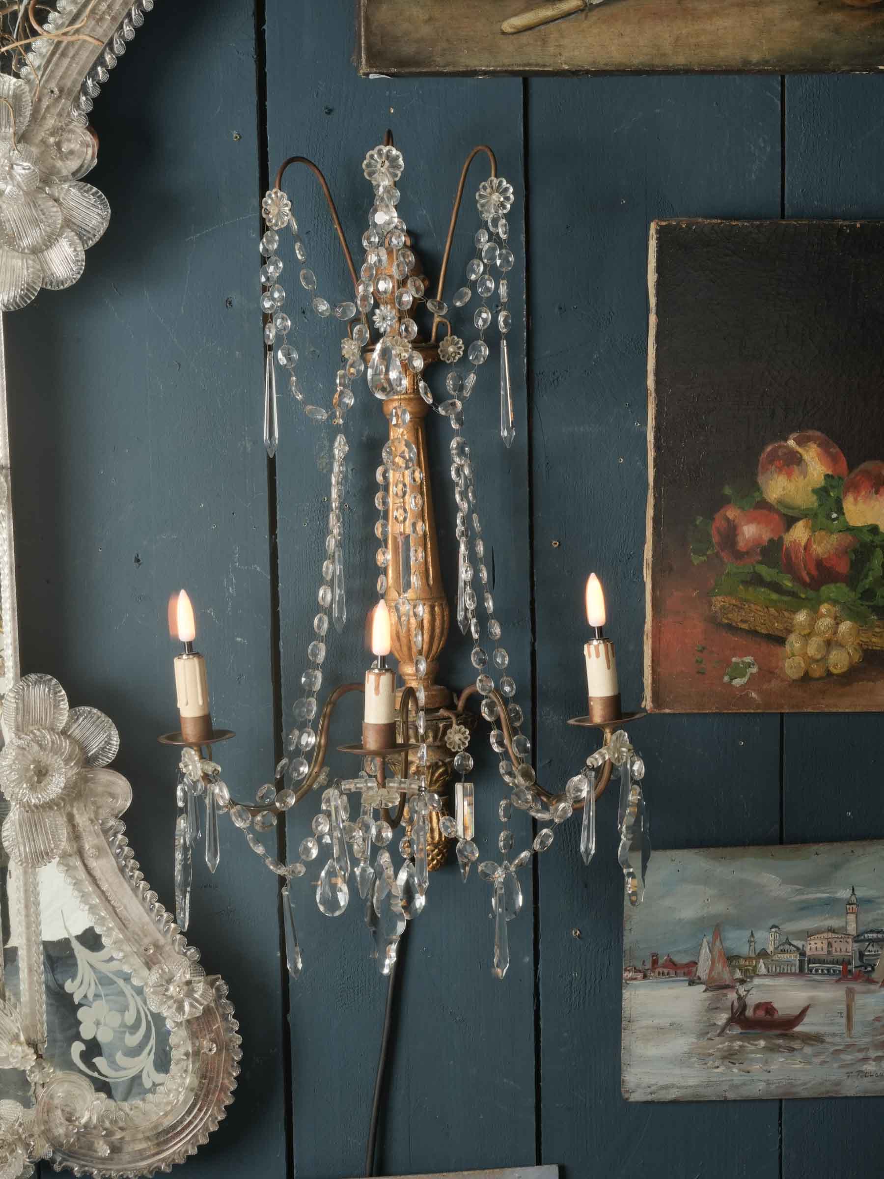 Pair of Italian Giltwood and Crystal Wall Sconces, circa 1940s - 28"