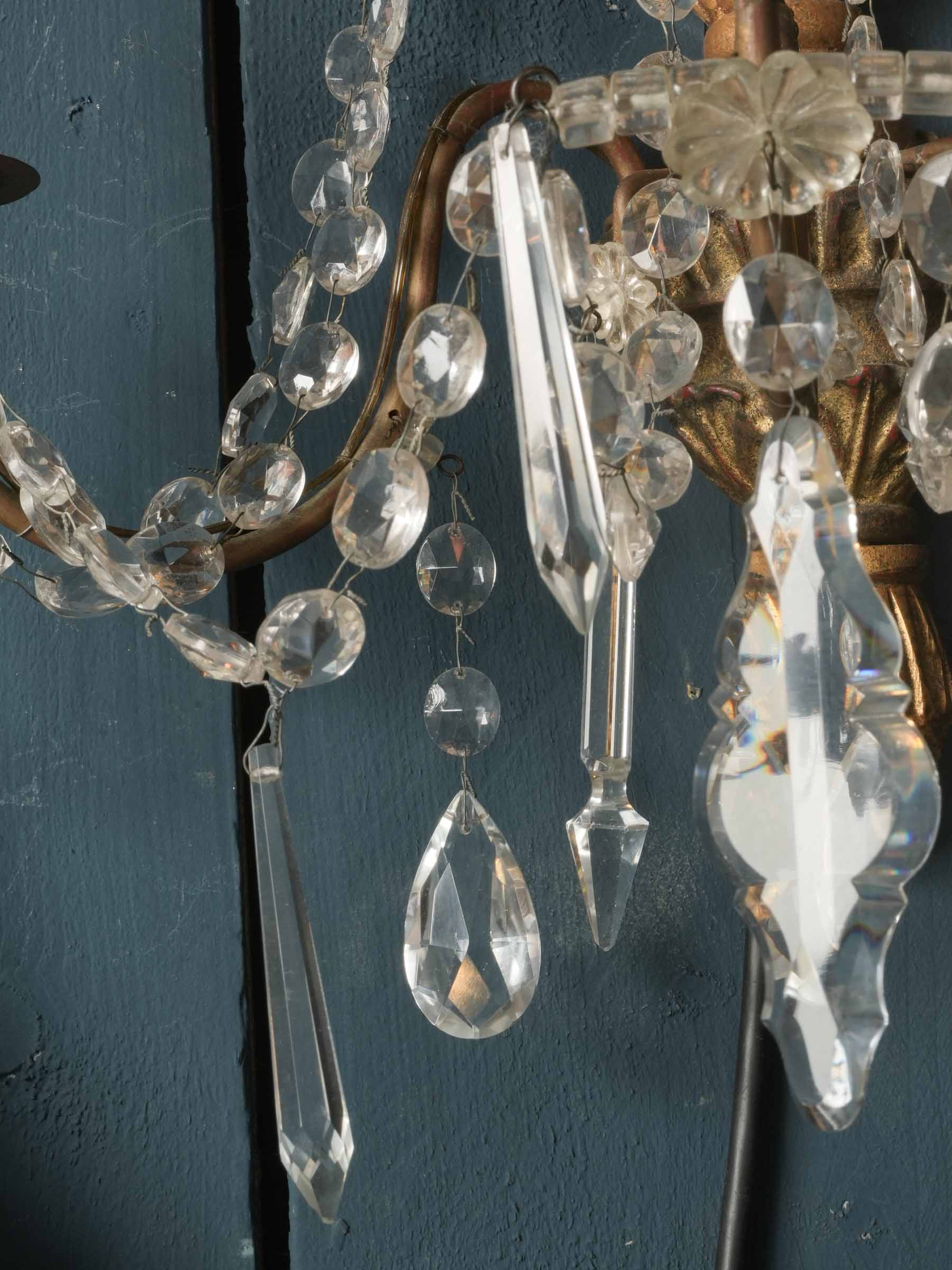 Pair of Italian Giltwood and Crystal Wall Sconces, circa 1940s - 28"