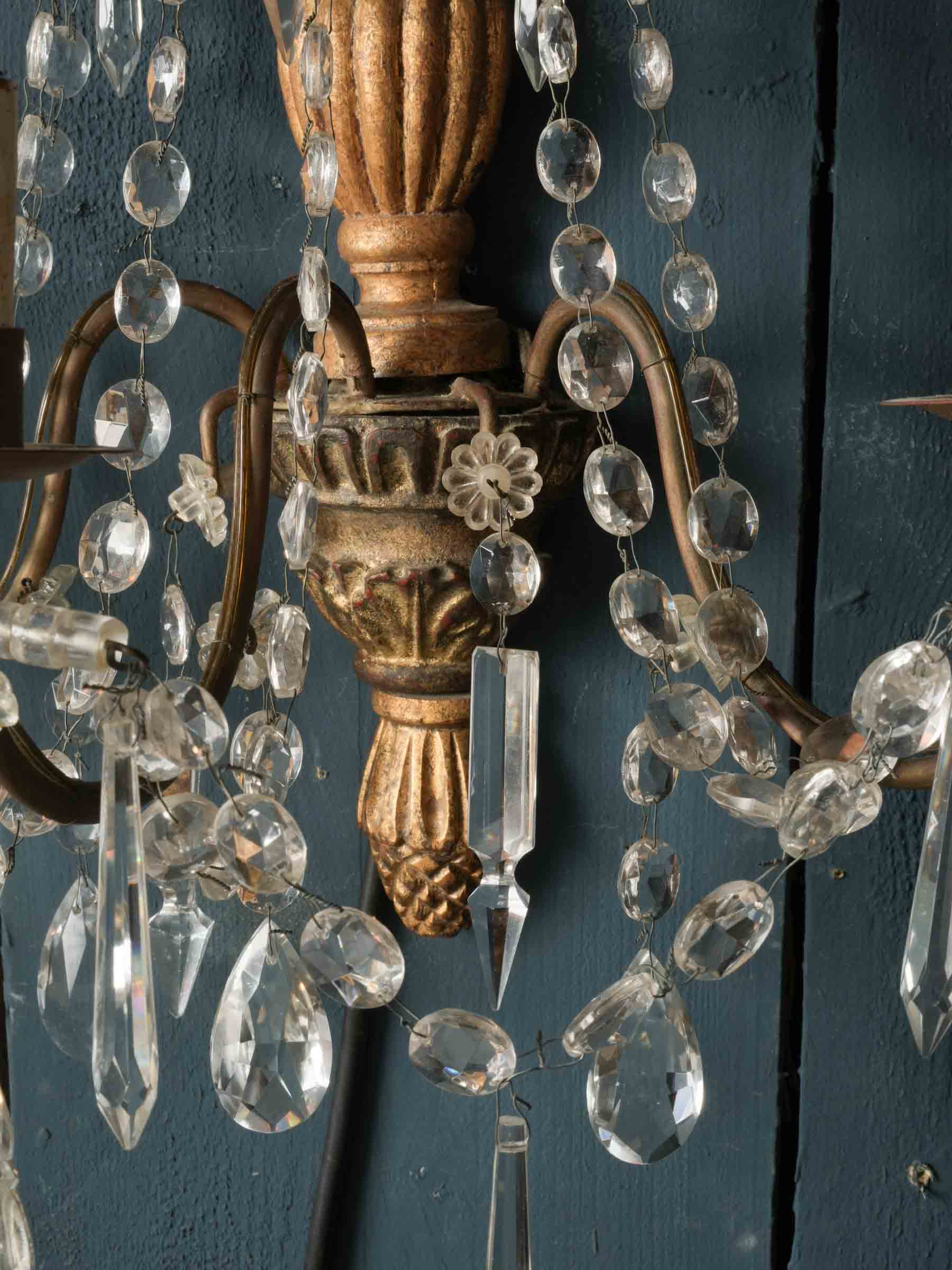 Pair of Italian Giltwood and Crystal Wall Sconces, circa 1940s - 28"