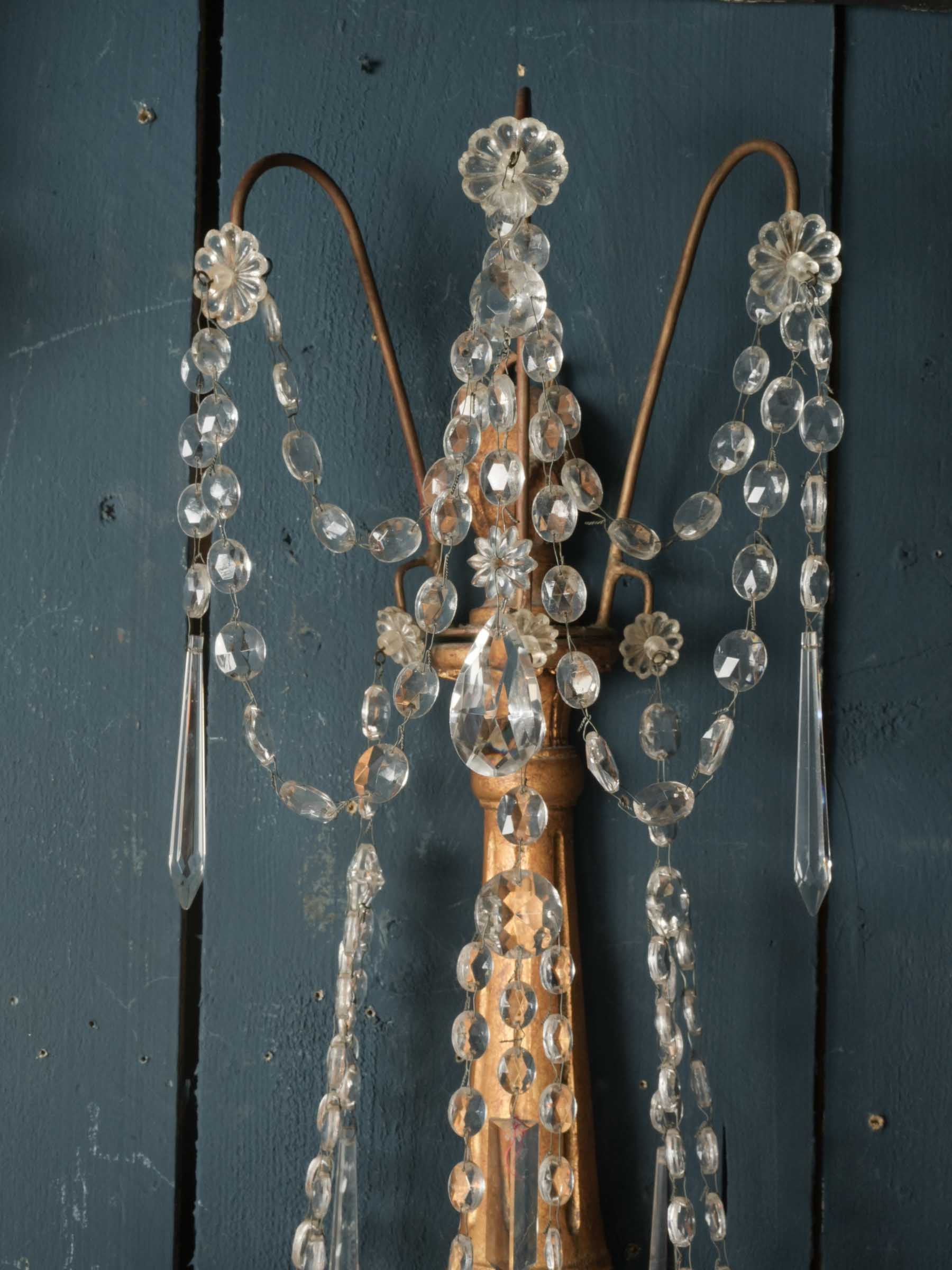 Pair of Italian Giltwood and Crystal Wall Sconces, circa 1940s - 28"