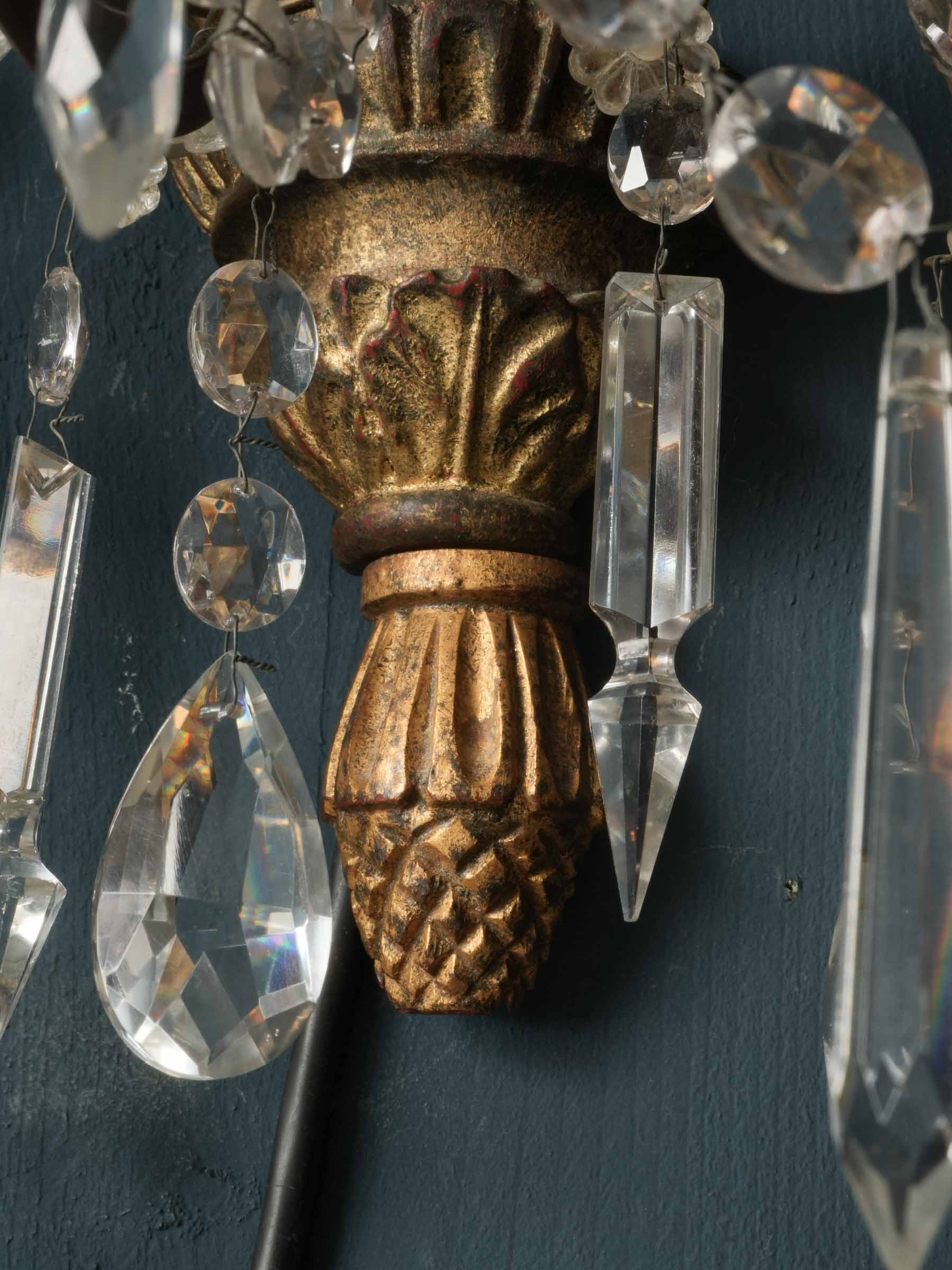 Pair of Italian Giltwood and Crystal Wall Sconces, circa 1940s - 28"