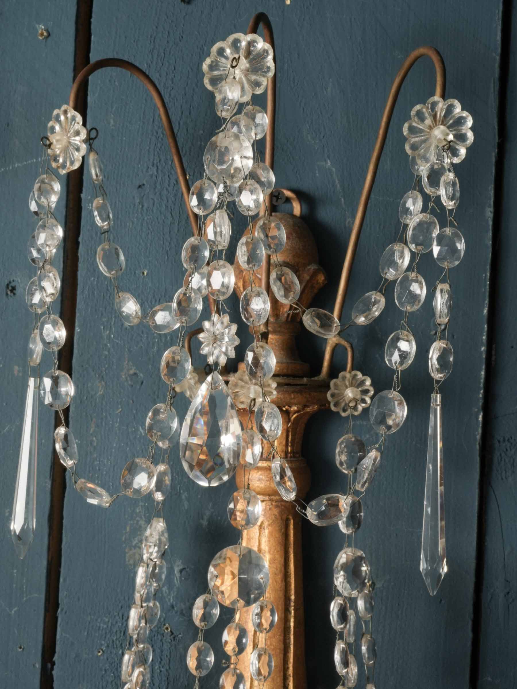 Pair of Italian Giltwood and Crystal Wall Sconces, circa 1940s - 28"