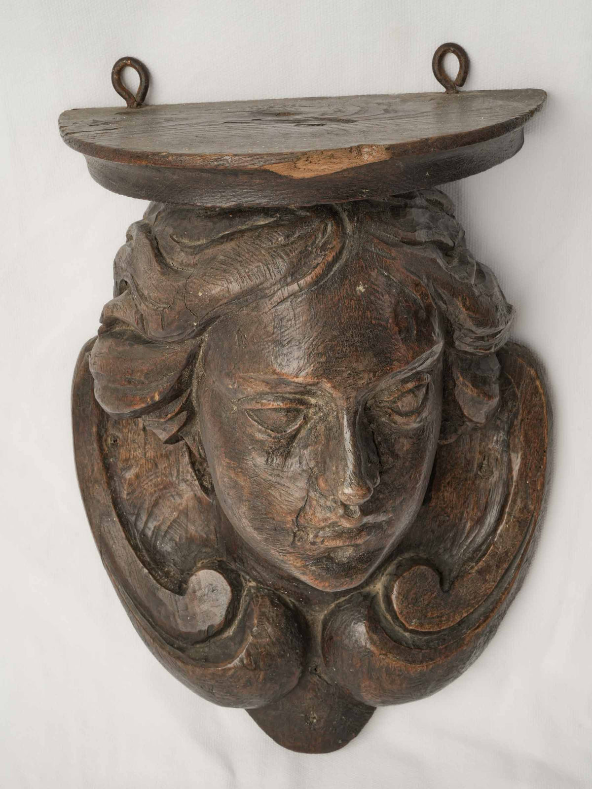 Pair of 18th-Century Carved Oak Wall Brackets w/ Female Heads, Probably Italian - 14¼"