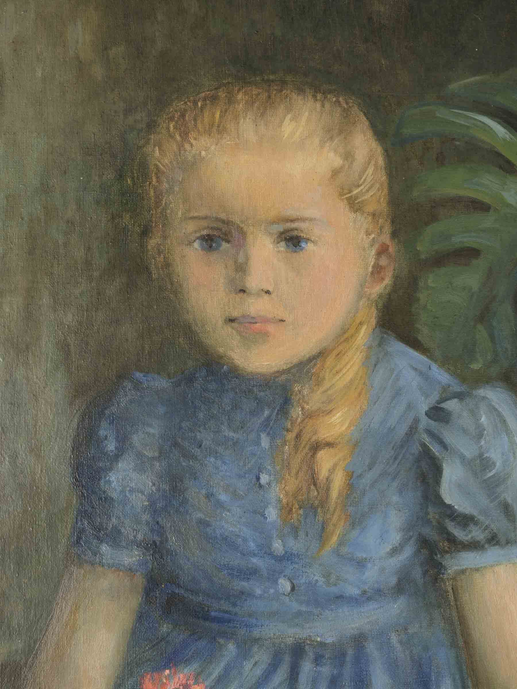Large Oil on Canvas Portrait of a Young Girl in a Blue Dress, Dated 1957 - 39½" x 32"