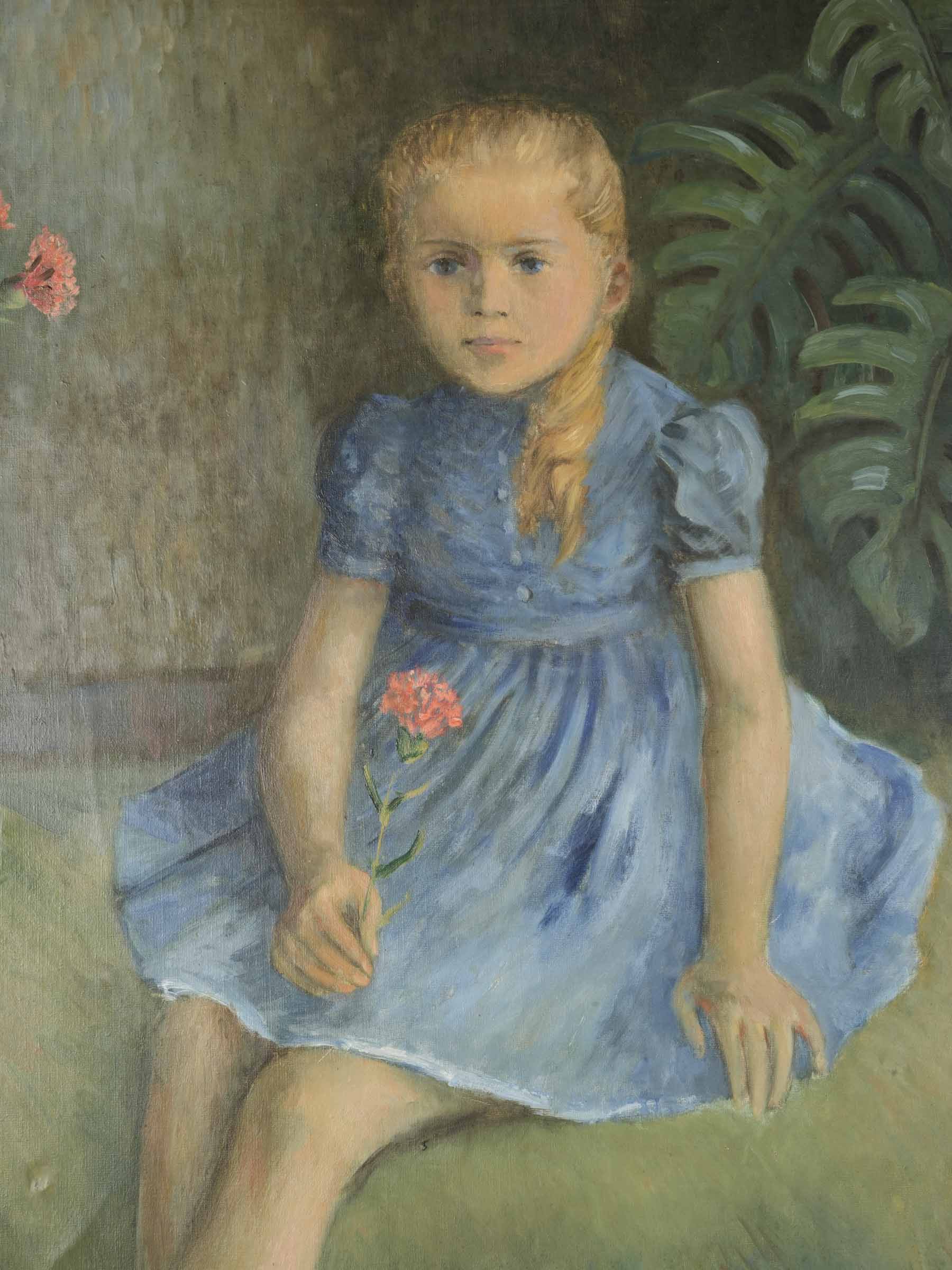 Large Oil on Canvas Portrait of a Young Girl in a Blue Dress, Dated 1957 - 39½" x 32"