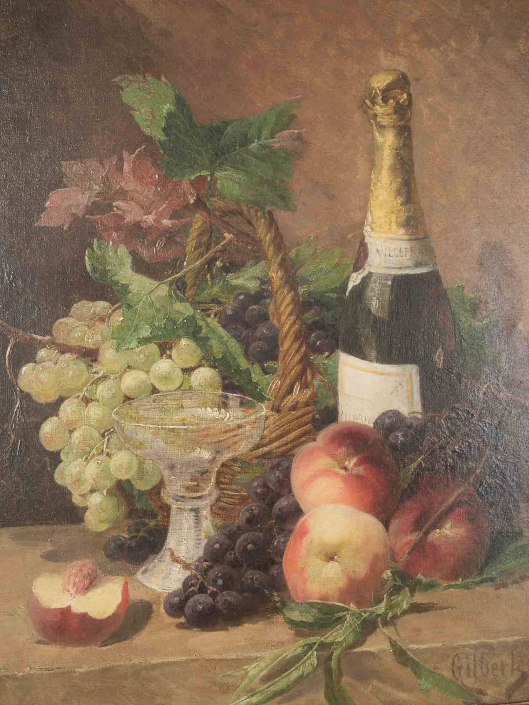Early 20th-Century French Oil on Canvas Still Life w/ Champagne & Fruit - 27¼" x 23¾"