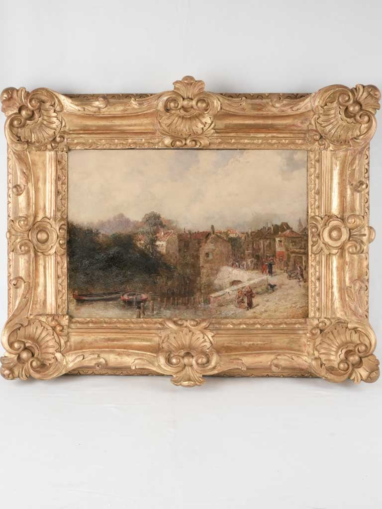 Antique oil-painted streetscape canvas
