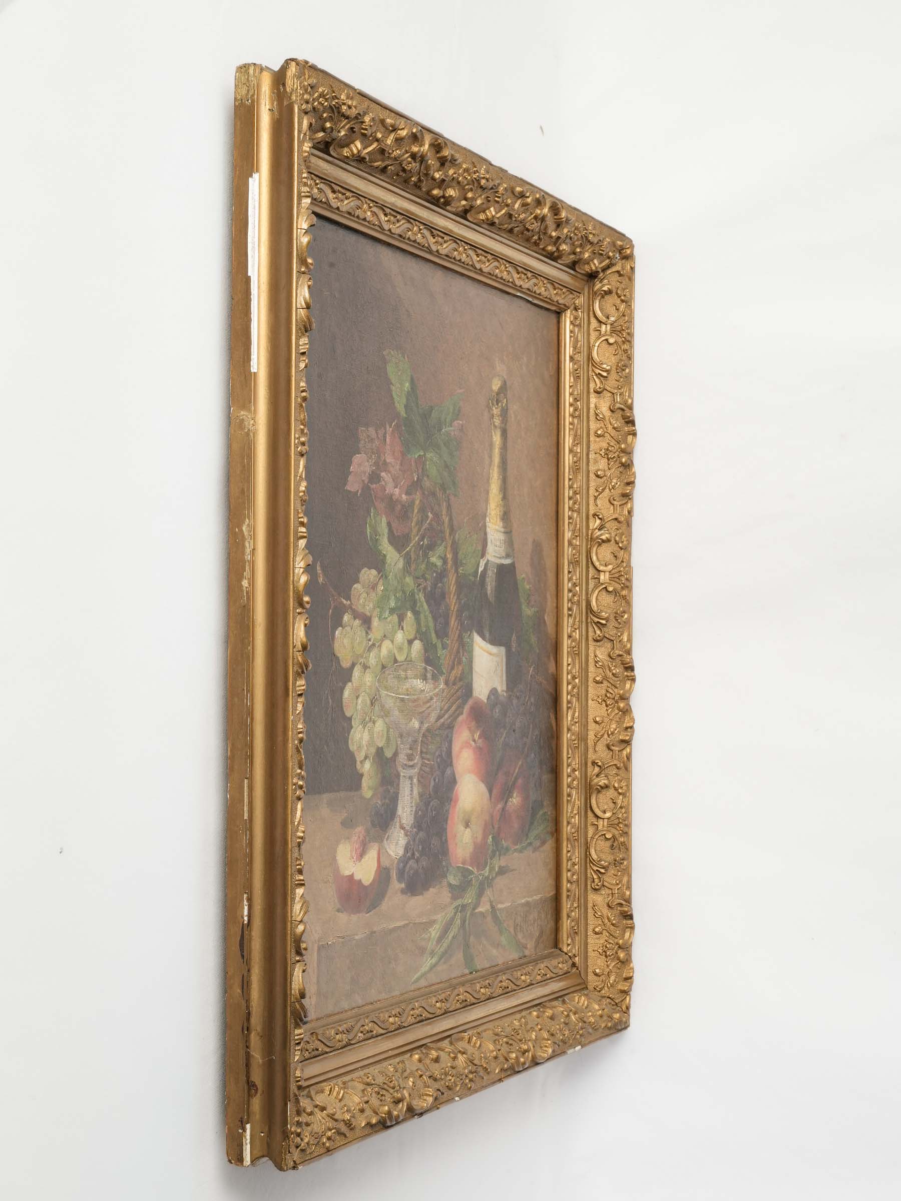 Early 20th-Century French Oil on Canvas Still Life w/ Champagne & Fruit - 27¼" x 23¾"
