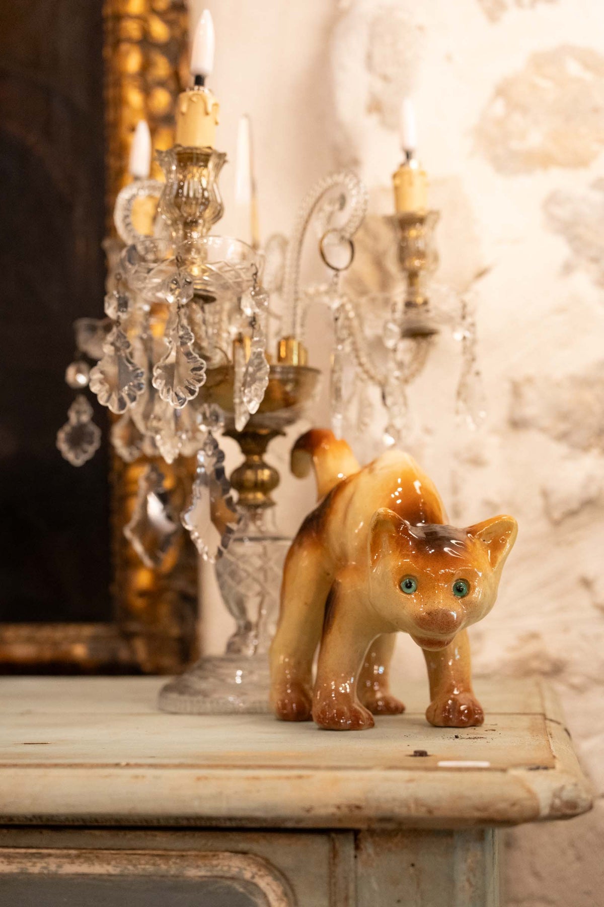 Playful Glazed Ceramic “Scaredy-Cat” Kitten, c. 1920 - 8" x 10¼"