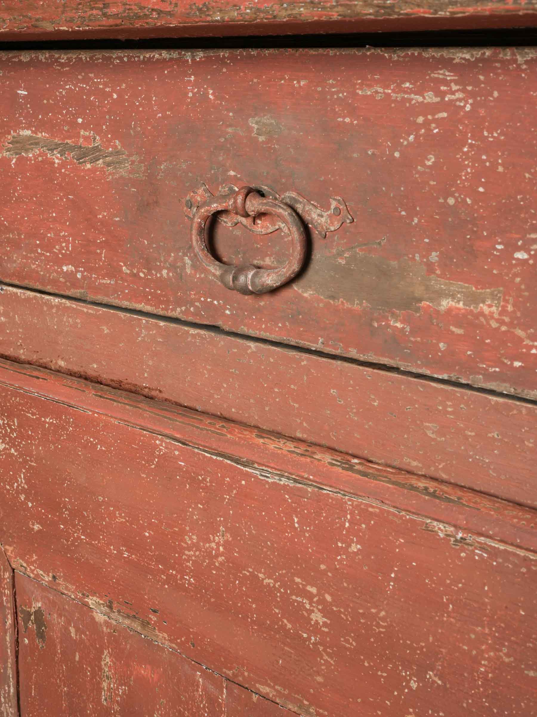 Antique French Rustic Oak Buffet w/ a Distressed Red Paint - 27¼" x 63¾"
