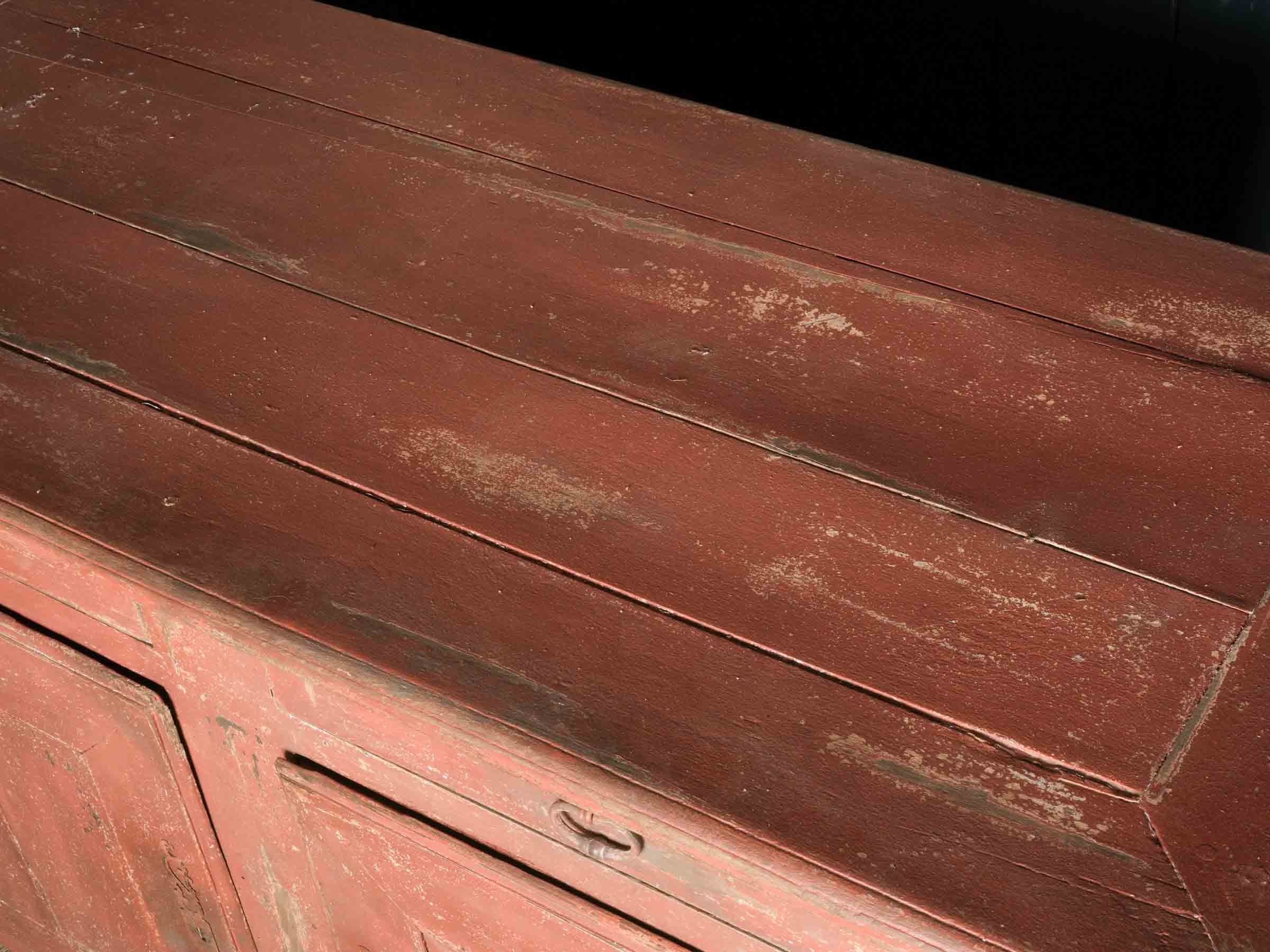 Antique French Rustic Oak Buffet w/ a Distressed Red Paint - 27¼" x 63¾"