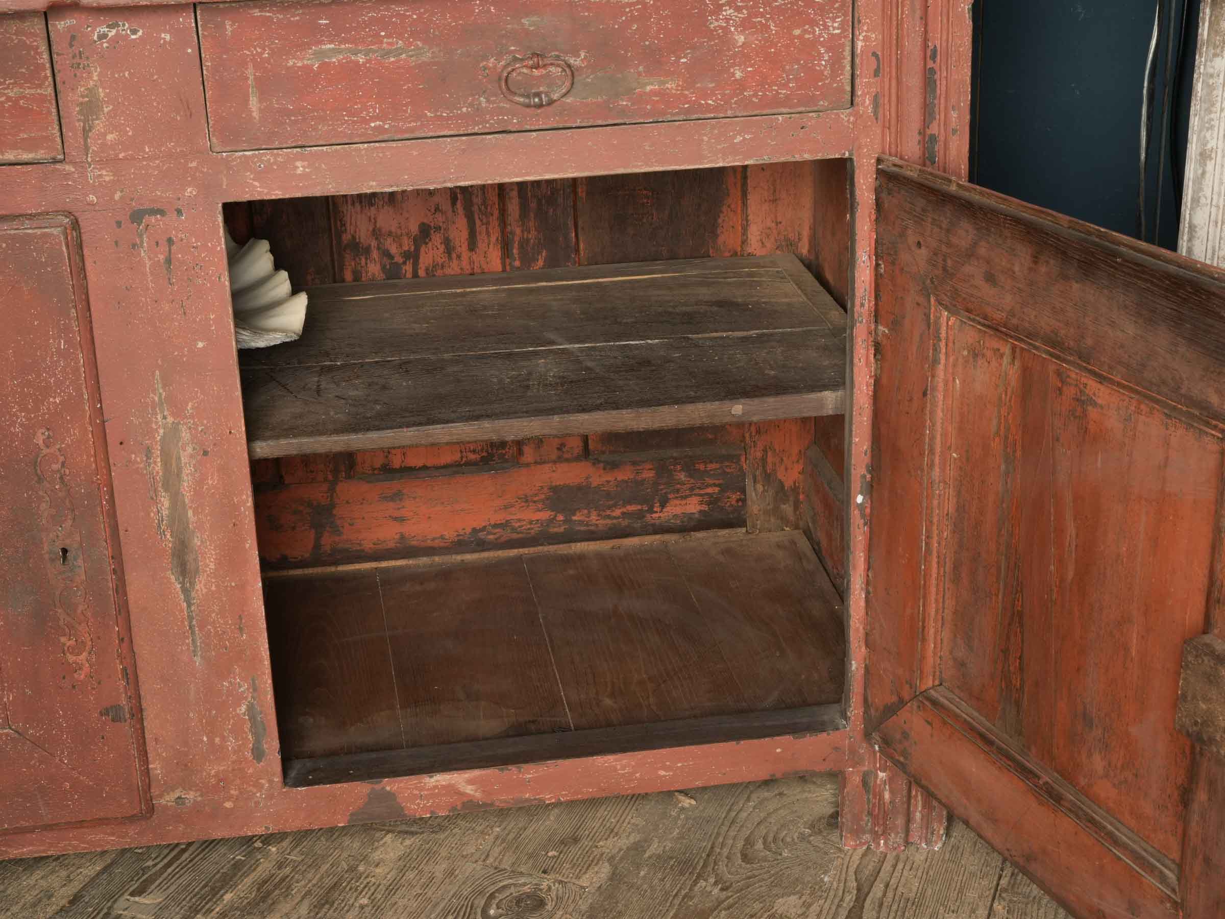 Antique French Rustic Oak Buffet w/ a Distressed Red Paint - 27¼" x 63¾"