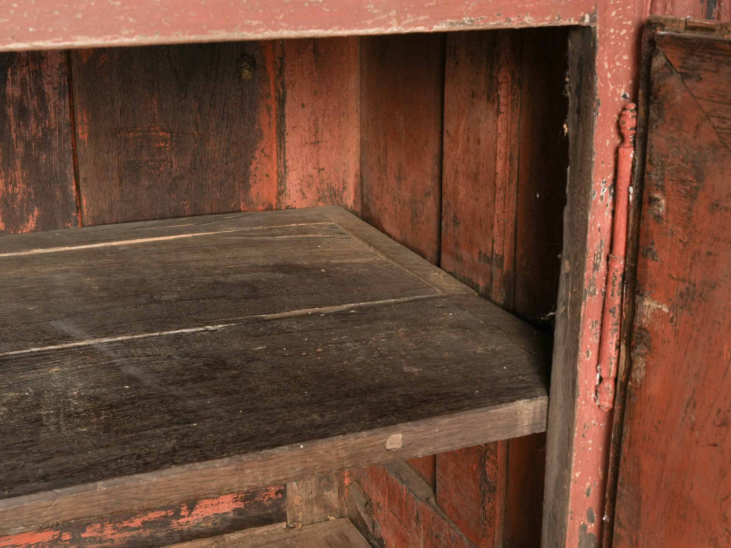 Antique French Rustic Oak Buffet w/ a Distressed Red Paint - 27¼" x 63¾"
