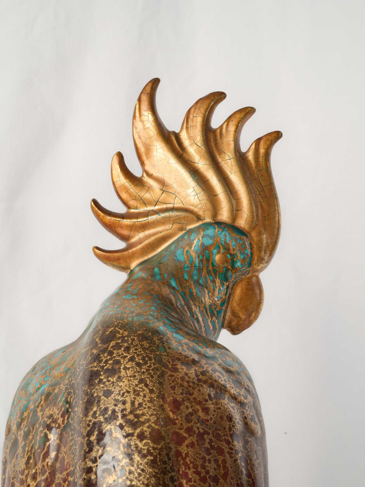 Art Deco Turquoise-and-Gold Ceramic Cockatoo, c.1930 - 17¼"