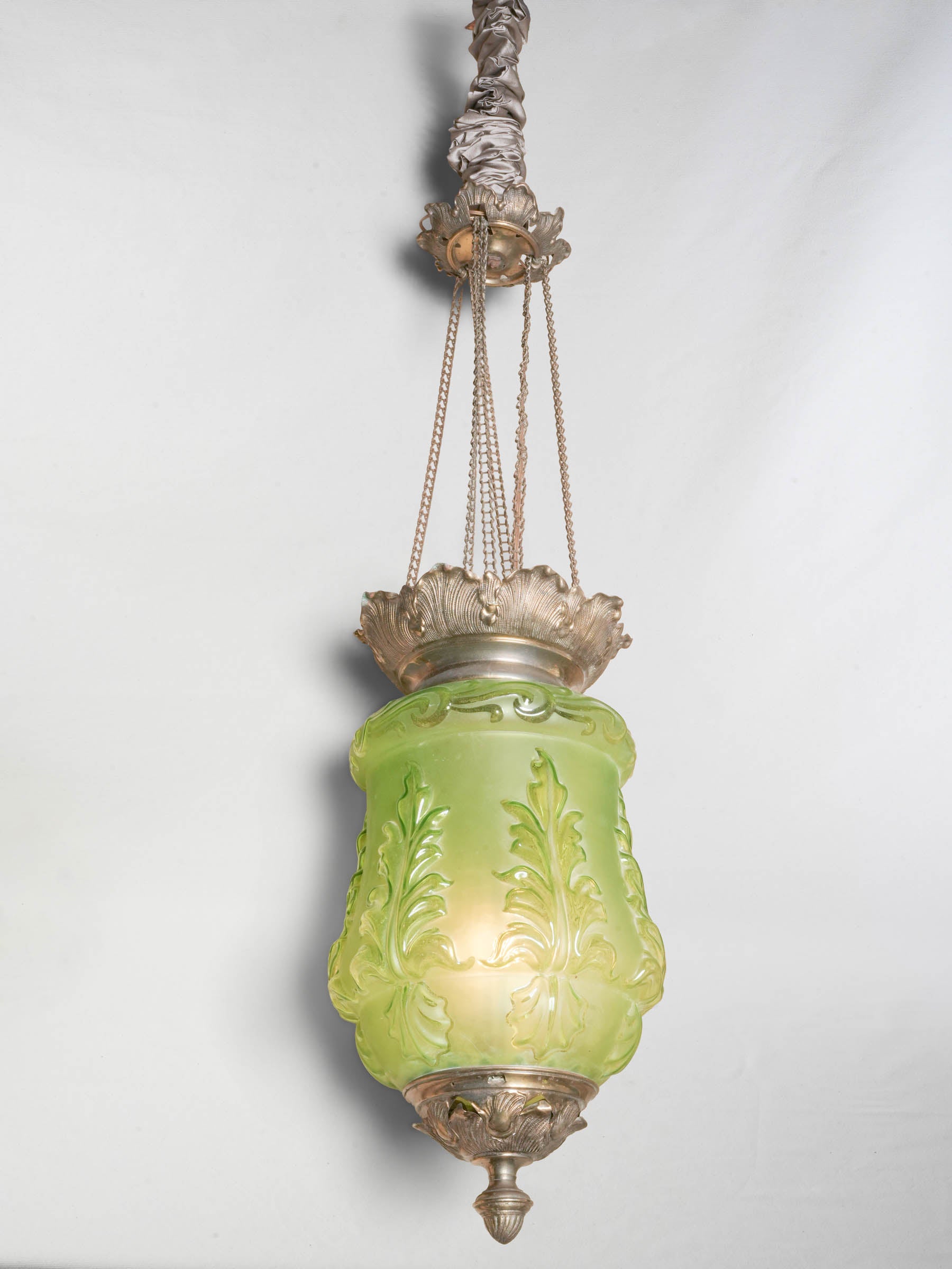 French Art Nouveau Peridot Colored Glass Hanging Lantern
