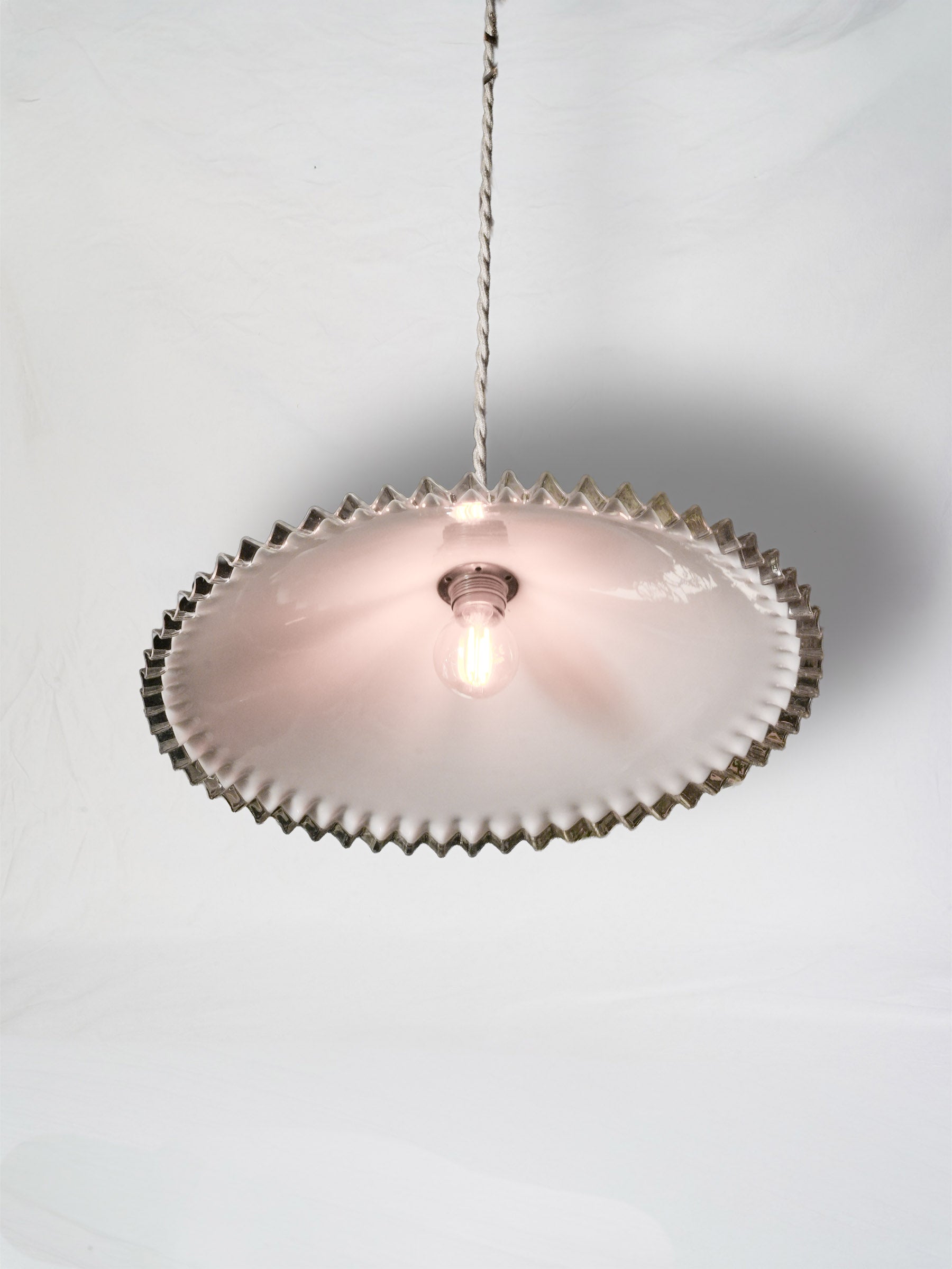 Large French Opaline Pendant Light w/ Ruffled Clear Edge c. 1950 -13¾"