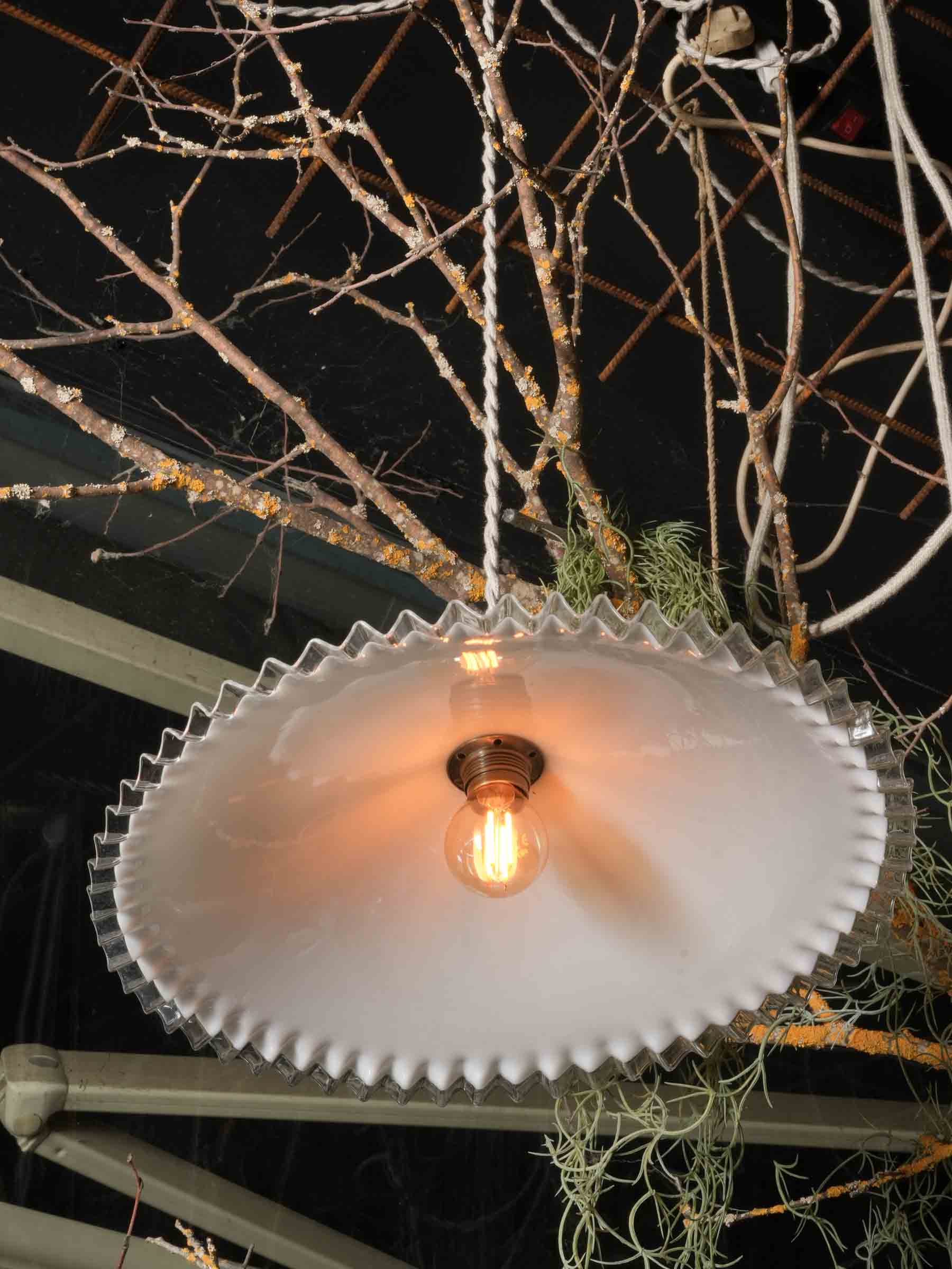 Large French Opaline Pendant Light w/ Ruffled Clear Edge c. 1950 -13¾"