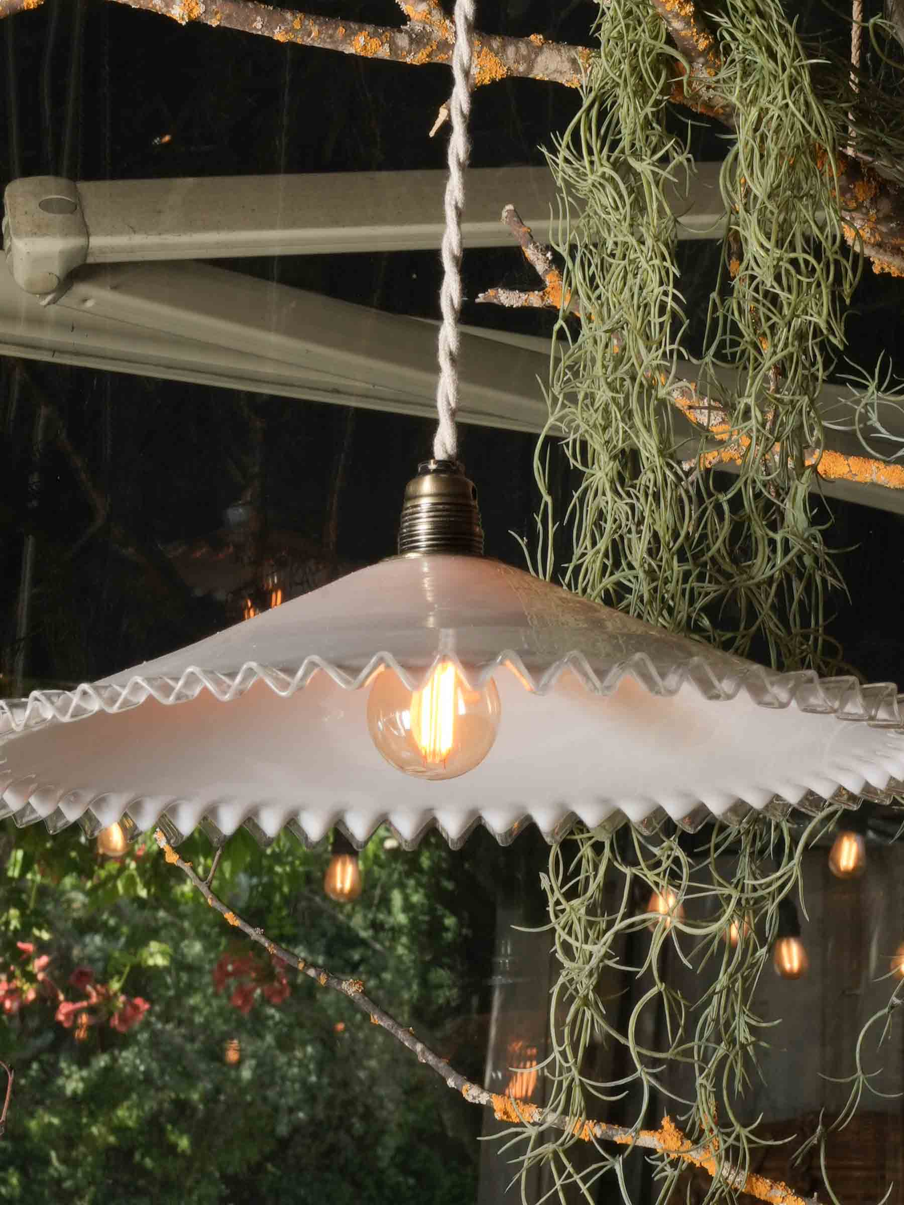 Large French Opaline Pendant Light w/ Ruffled Clear Edge c. 1950 -13¾"
