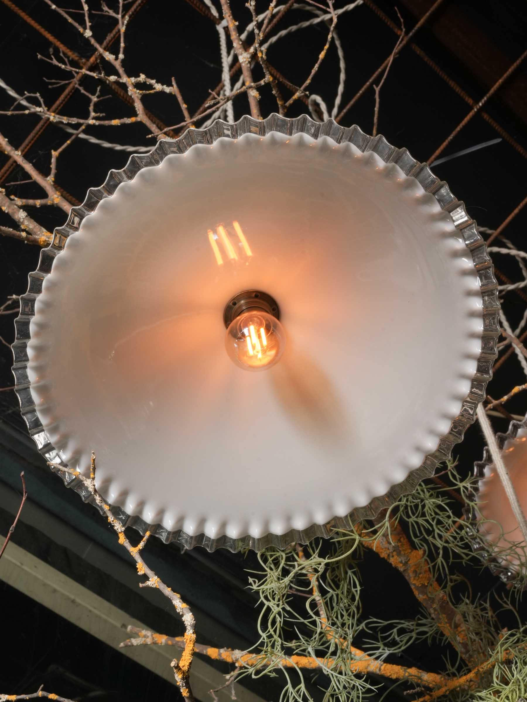 Large French Opaline Pendant Light w/ Ruffled Clear Edge c. 1950 -13¾"