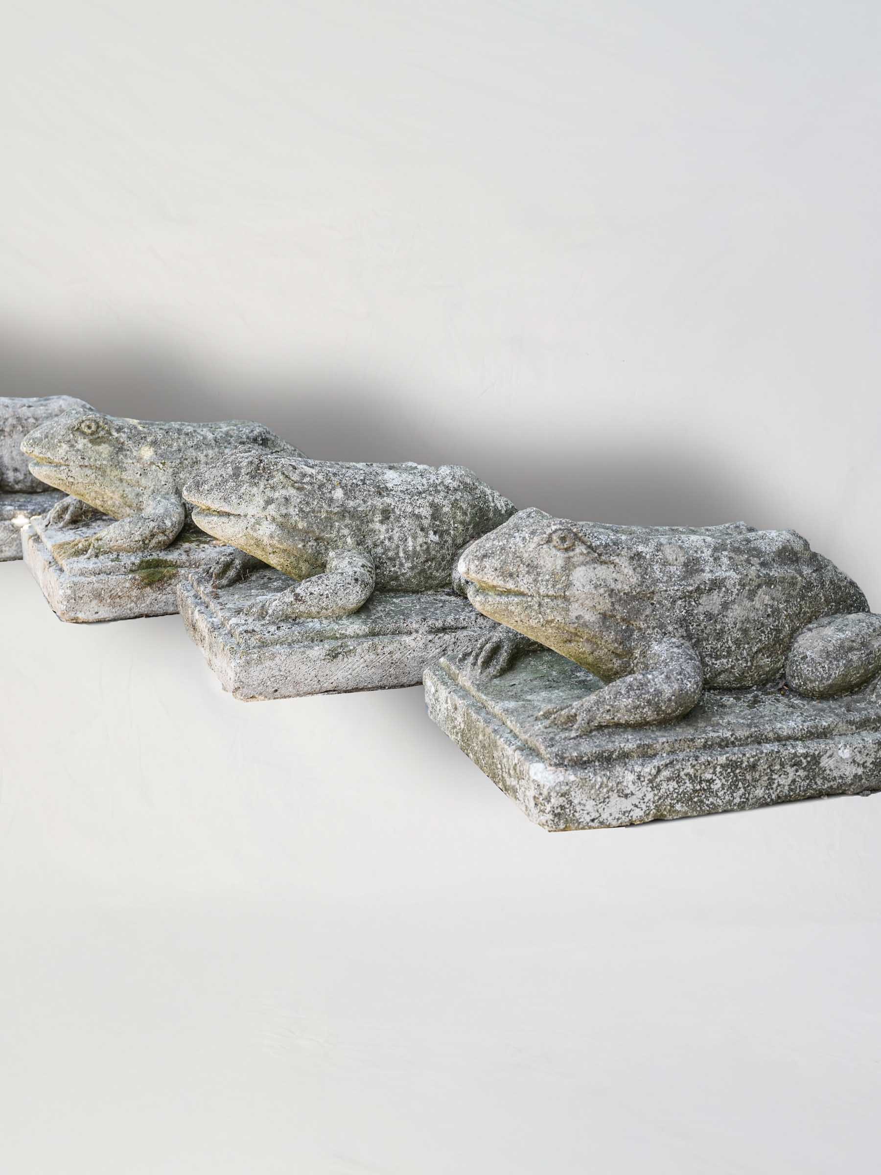 Set of Four Cast Stone Garden Frogs with Moss Patina