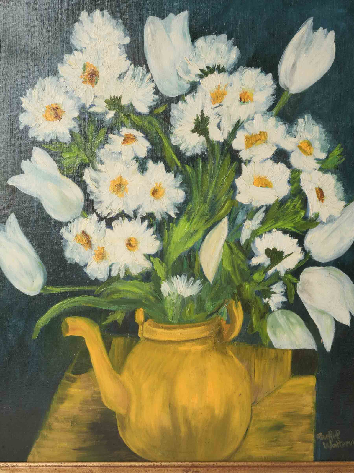 Vibrant Floral Still Life w/ White Flowers in a Teapot -32" x 28"