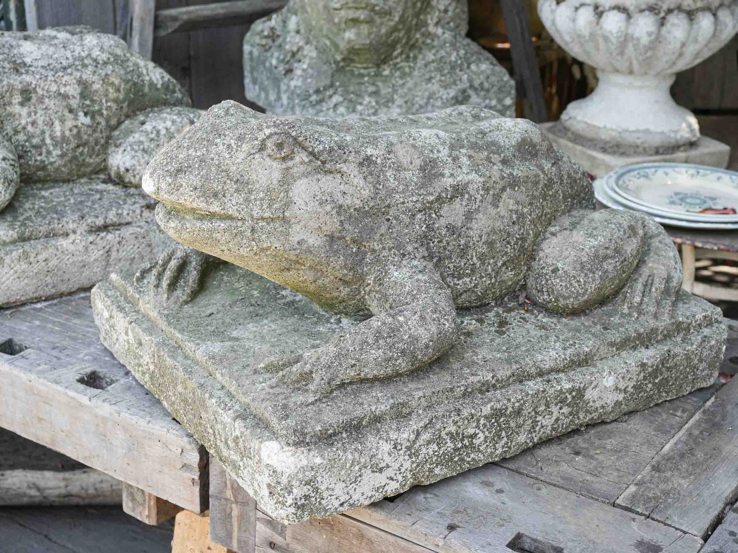 Set of Four Cast Stone Garden Frogs with Moss Patina
