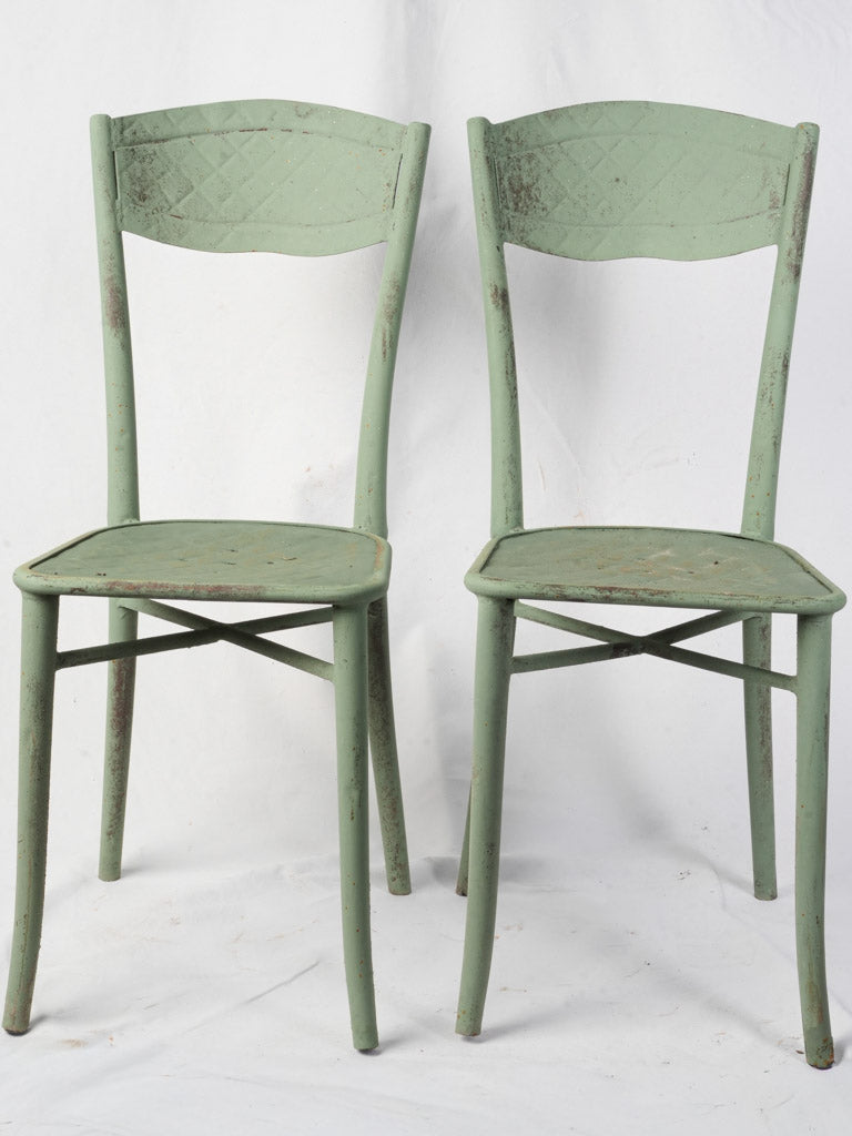 Pair of French Bistro Chairs in Painted Sheet Metal w/ Celadon Finish c. 1930 - 34¾"