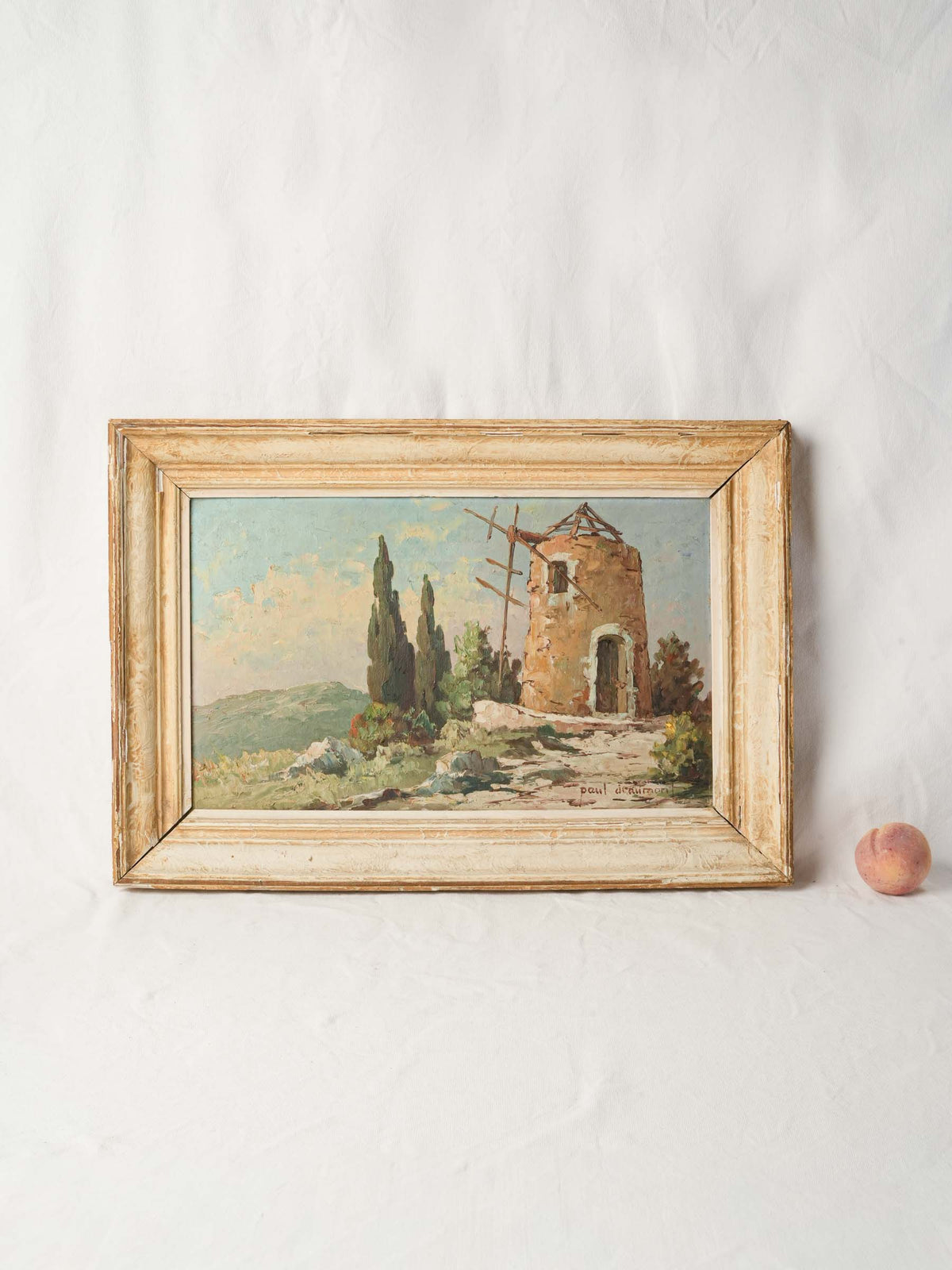 Mid-20th-Century Provençal Landscape w/ Windmill, Oil on Board - 19¾" x 27½"