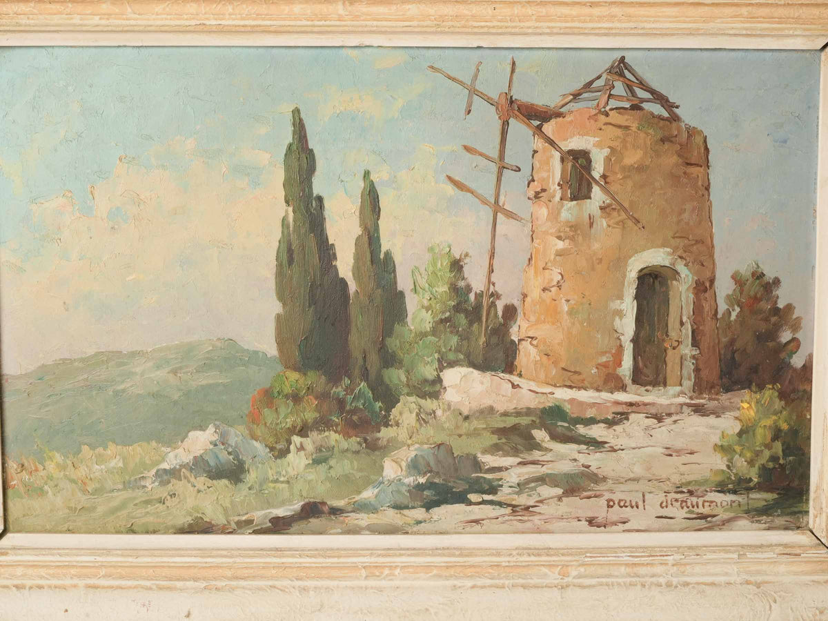 Mid-20th-Century Provençal Landscape w/ Windmill, Oil on Board - 19¾" x 27½"