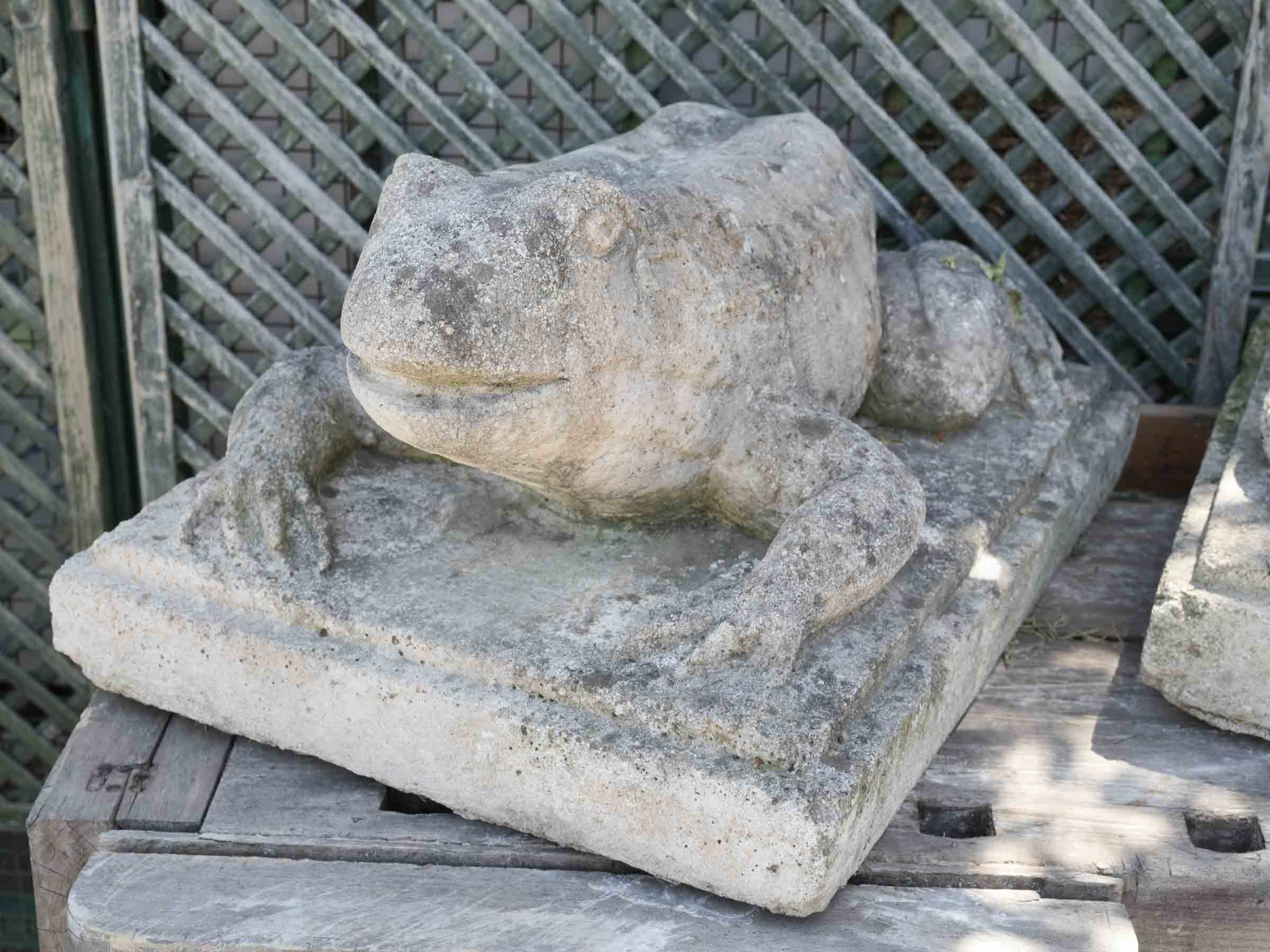 Set of Four Cast Stone Garden Frogs with Moss Patina