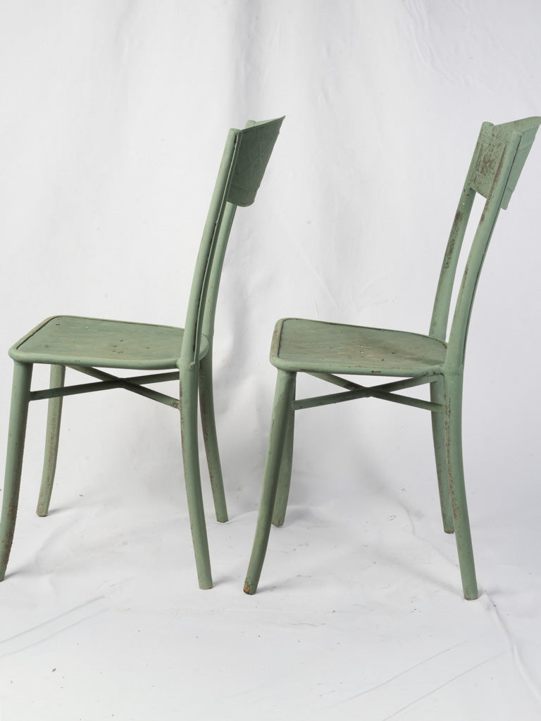 Pair of French Bistro Chairs in Painted Sheet Metal w/ Celadon Finish c. 1930 - 34¾"