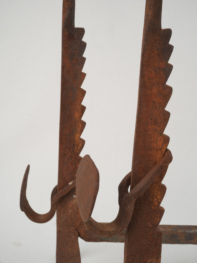 Patina-covered French cast iron andirons