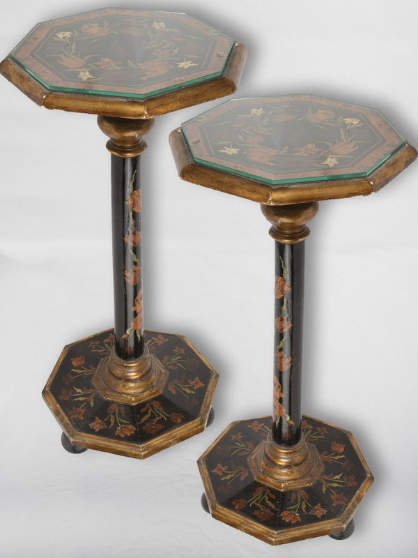 Antique hand-painted octagonal glass side tables