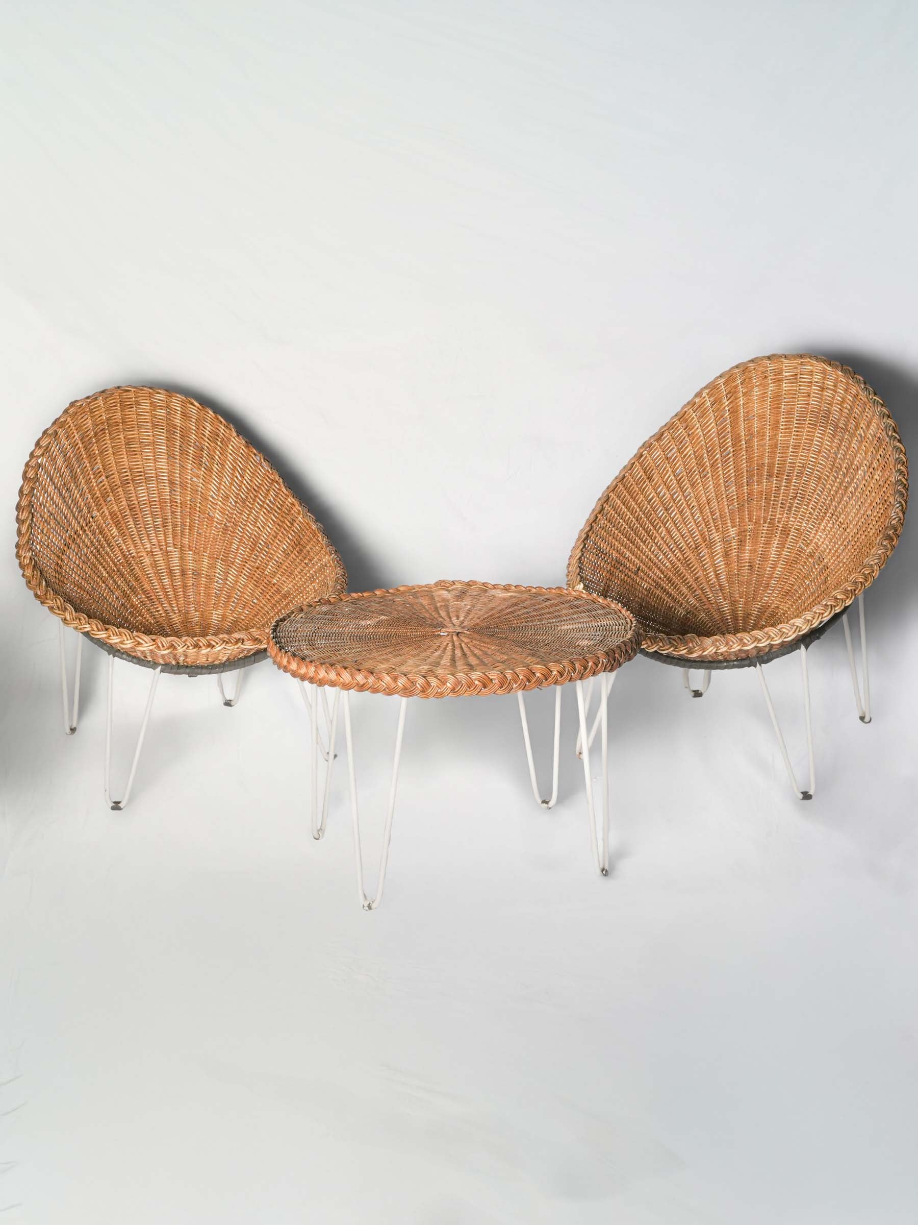 Handwoven Rattan Patio Set w/ Four Chairs and Coffee Table, 1960s