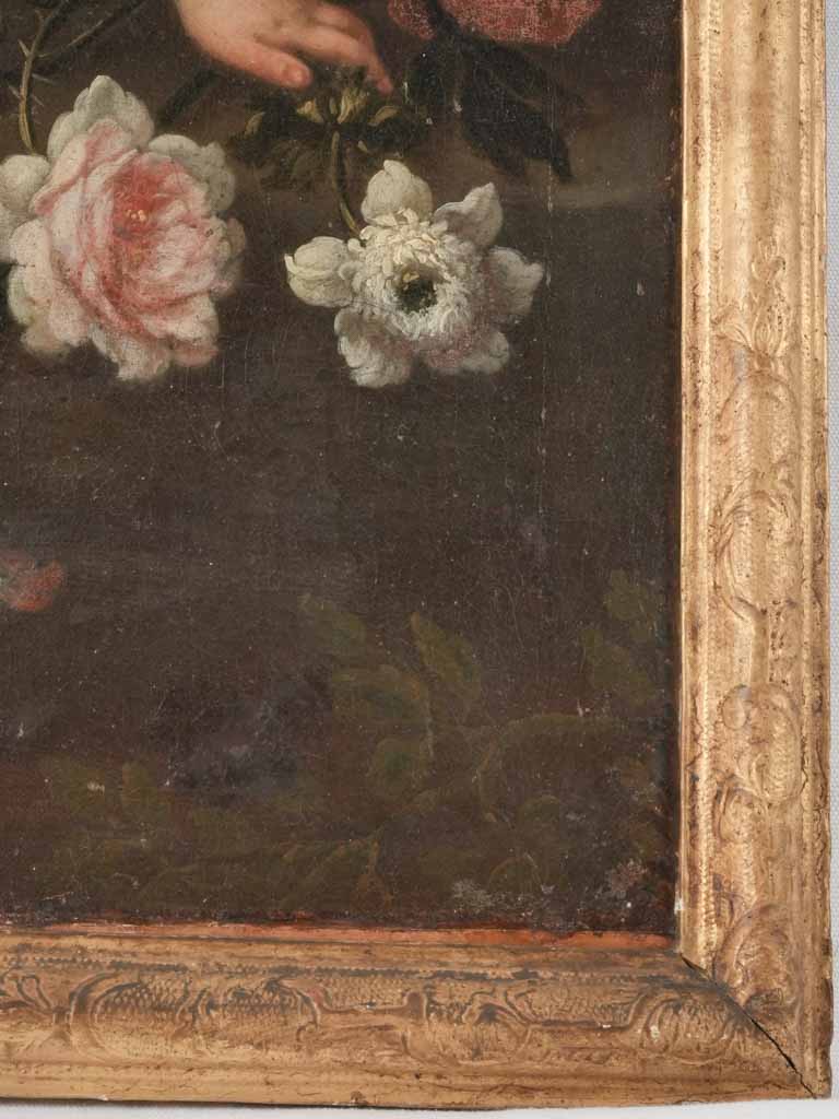 Large Baroque painting of 3 cherubs with flowers - 46" x 35¾"