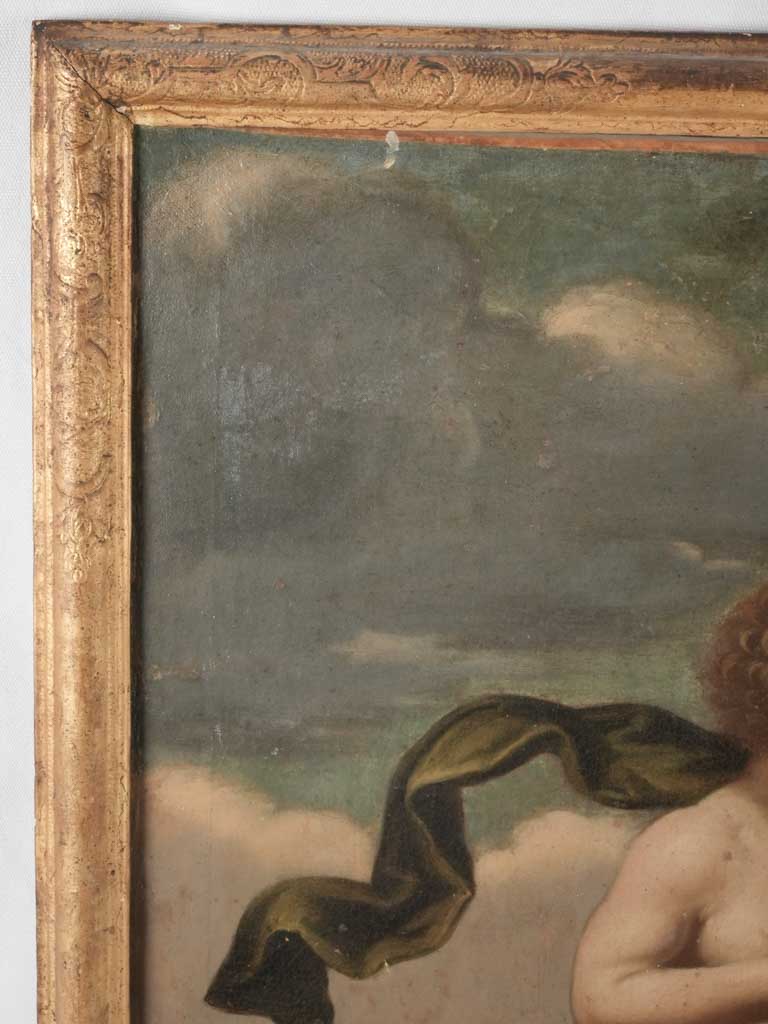 Large Baroque painting of 3 cherubs with flowers - 46" x 35¾"