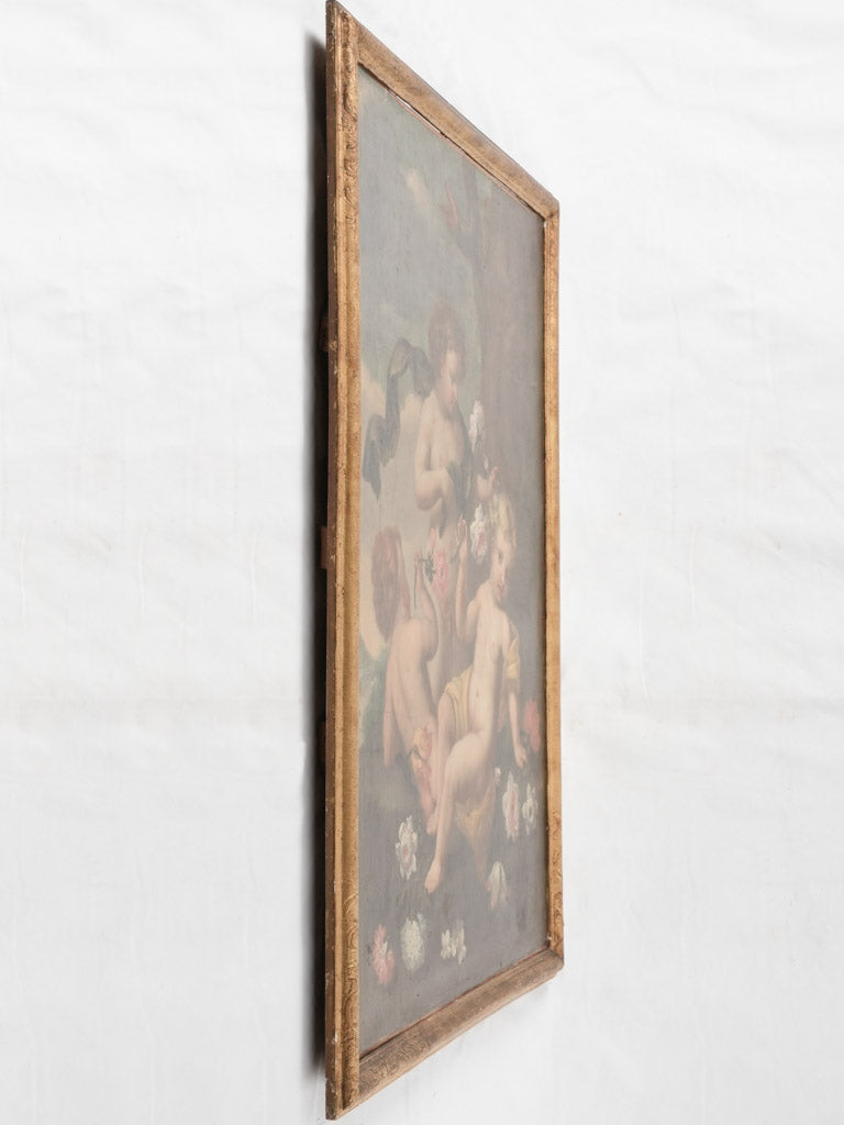 Large Baroque painting of 3 cherubs with flowers - 46" x 35¾"