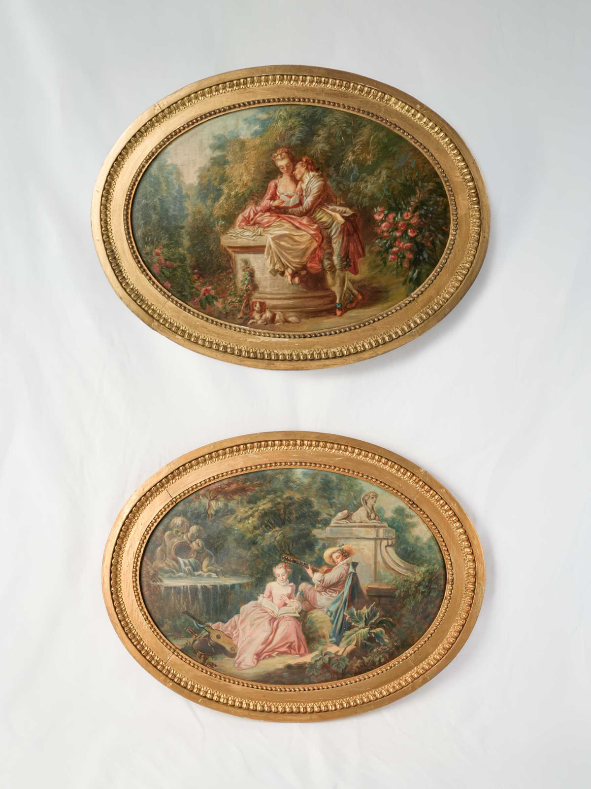 Romantic Pair of Early 20th-Century French Oval Oils w/ Scènes Galantes - 27½" x 35½"