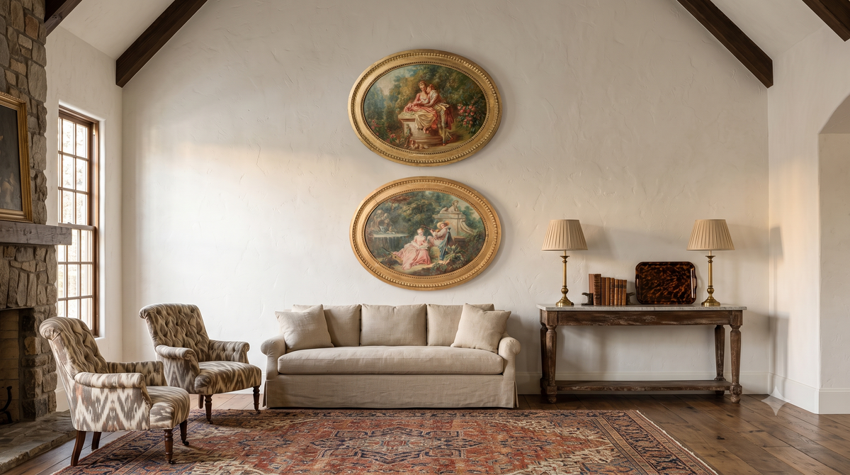 Romantic Pair of Early 20th-Century French Oval Oils w/ Scènes Galantes - 27½" x 35½"