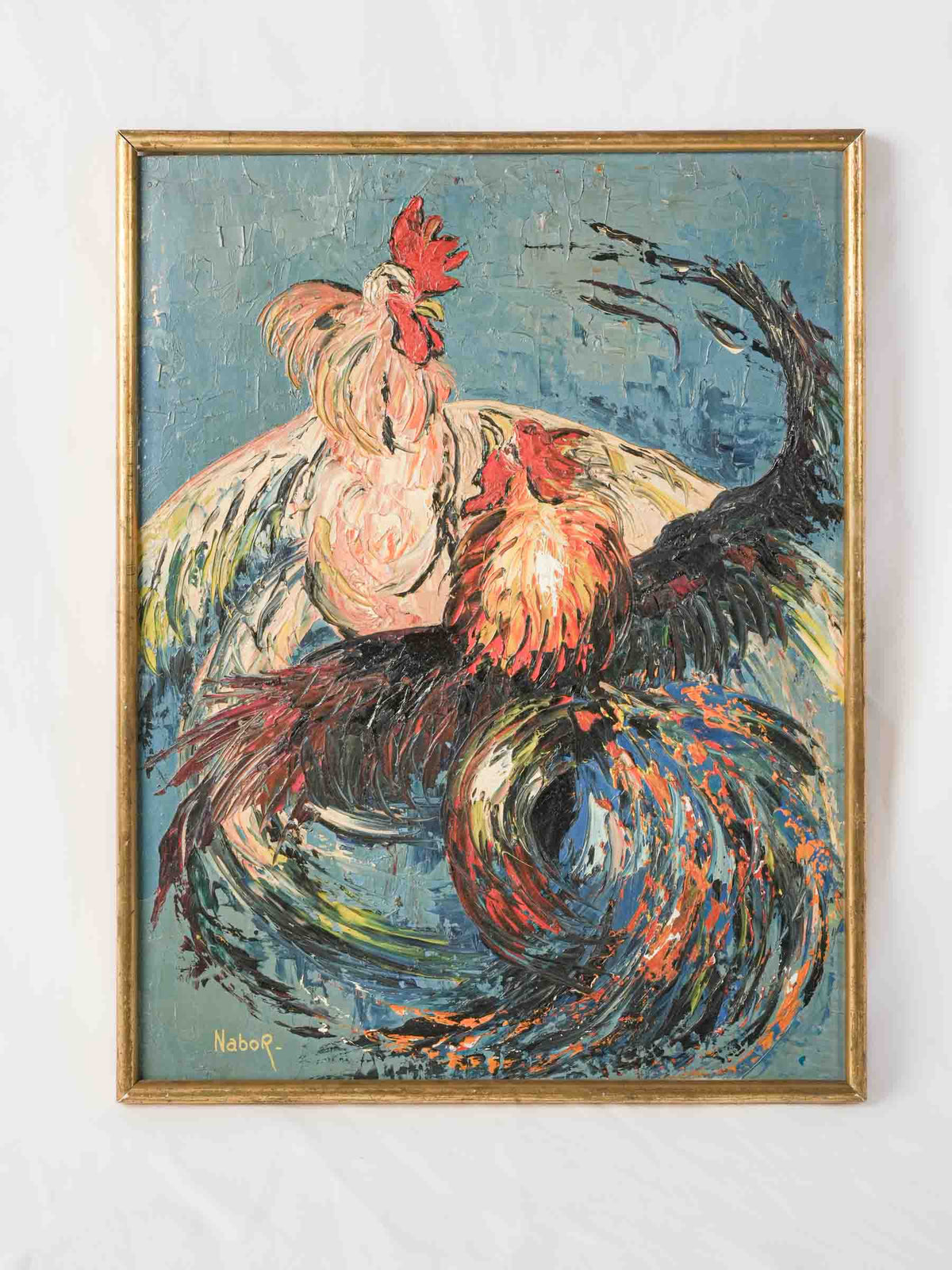 Lively 1964 Palette-Knife Oil on Panel of Two Roosters - 33" x 25¼"
