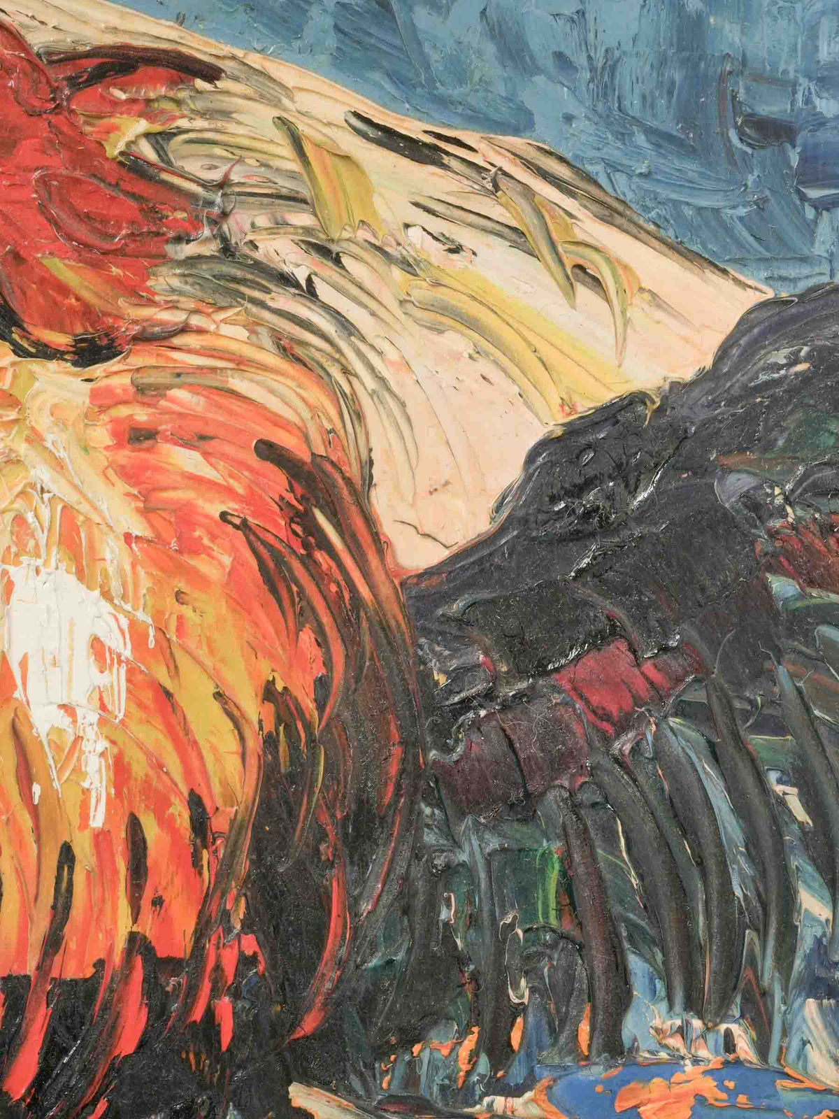 Lively 1964 Palette-Knife Oil on Panel of Two Roosters - 33" x 25¼"