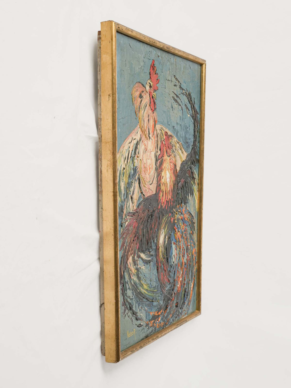 Lively 1964 Palette-Knife Oil on Panel of Two Roosters - 33" x 25¼"