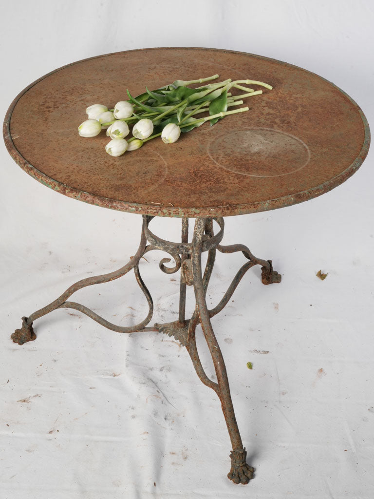 Late 19th Century French Arras Wrought and Cast Iron Outdoor Table w/ Scrolling Legs and Lion Paw Feet - 26" x 31"