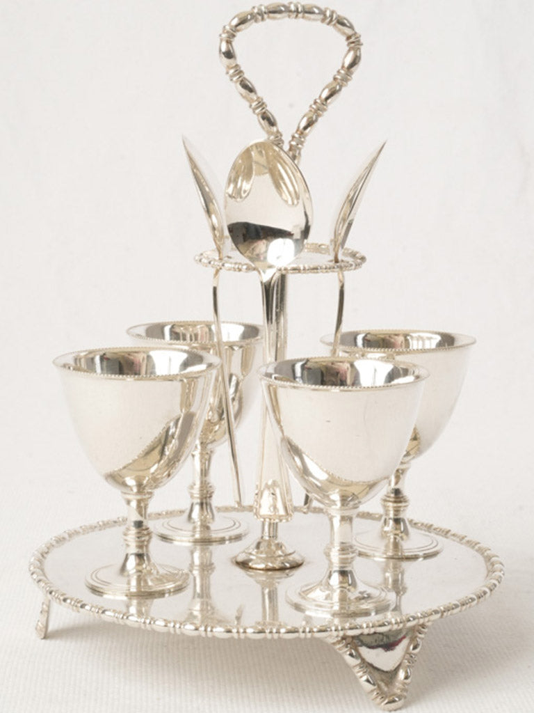 Set of 4 Antique English Egg Cups w/ Spoons & Holder - 8"