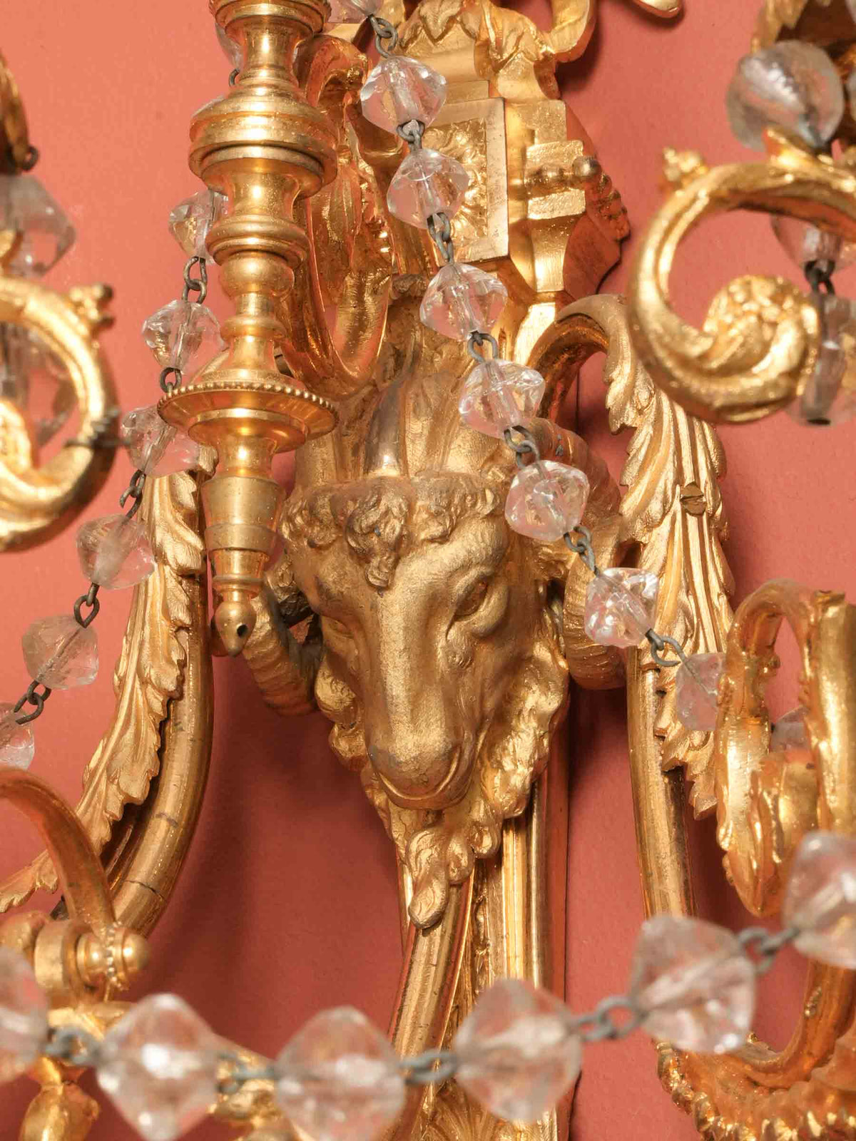 Exceptional Pair of French Gilt-Bronze and Crystal Wall Sconces with Ram’s-Head Decoration, Late 19th-Century- 19" x 21¼"