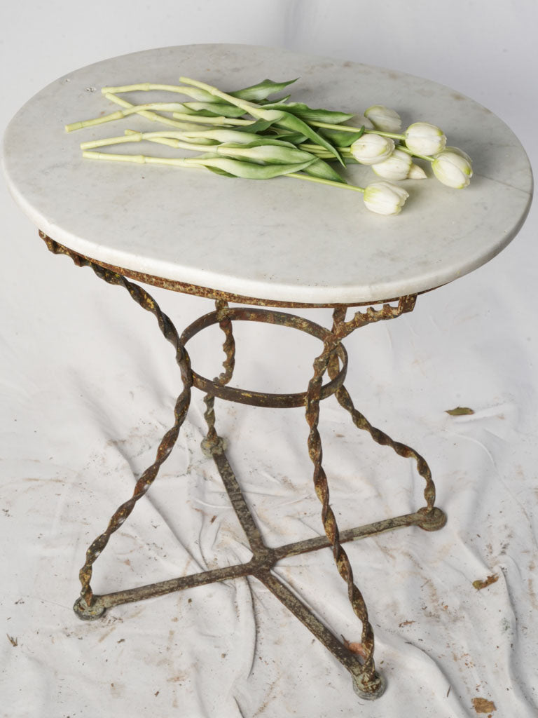 Late 19th Century French Wrought Iron Garden Guéridon w/ Twisted Legs and White Marble Top - 28¾"